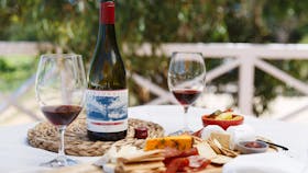 Two glasses of wine are presented with a delicious cheese board of local produce.