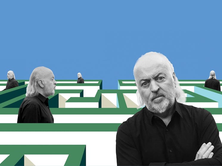 Artistic image with Bill Bailey added five times walking through different stages of a maze.