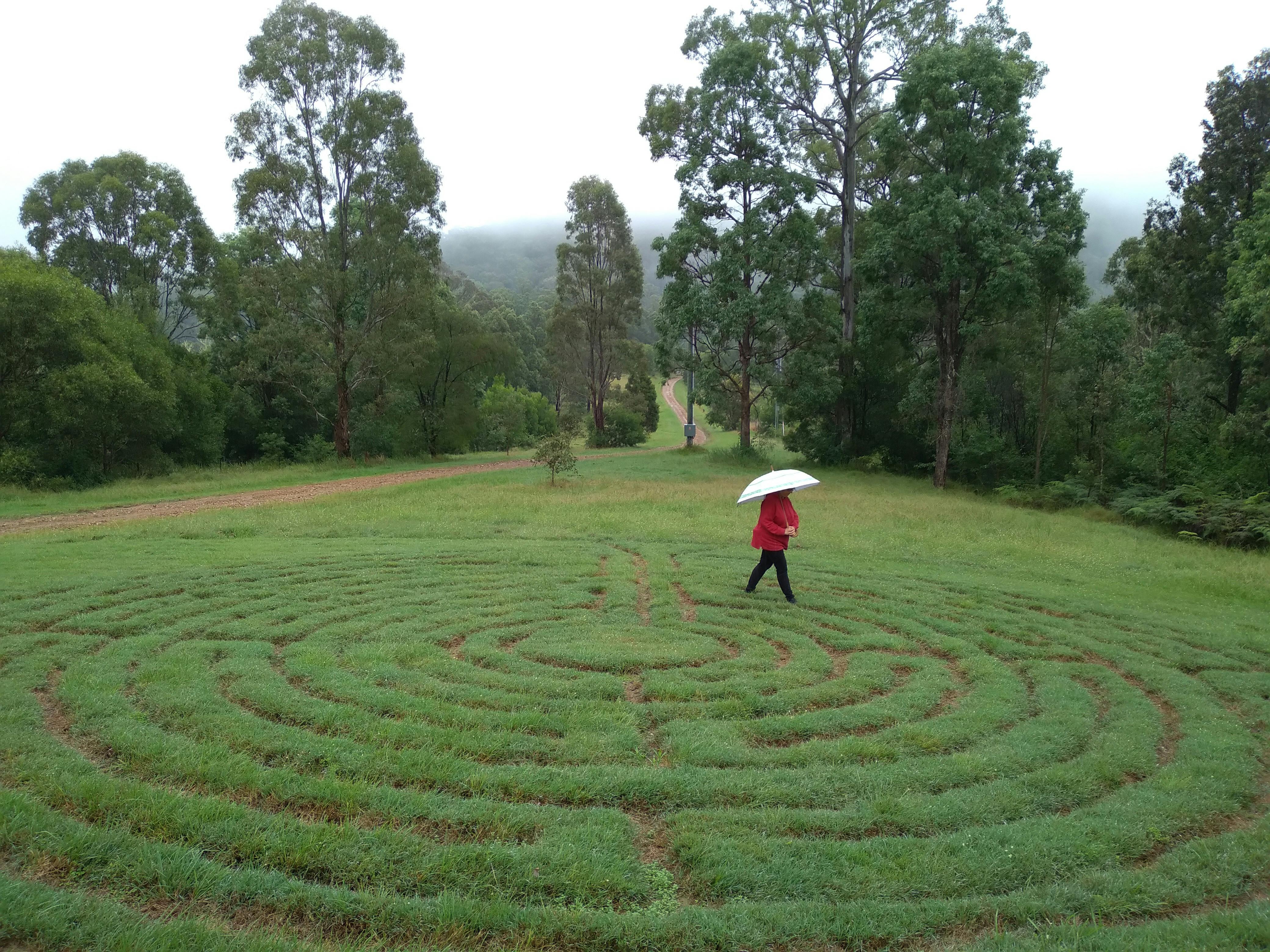 in a misty rain Bronwyn finds solace walking the labyrinth