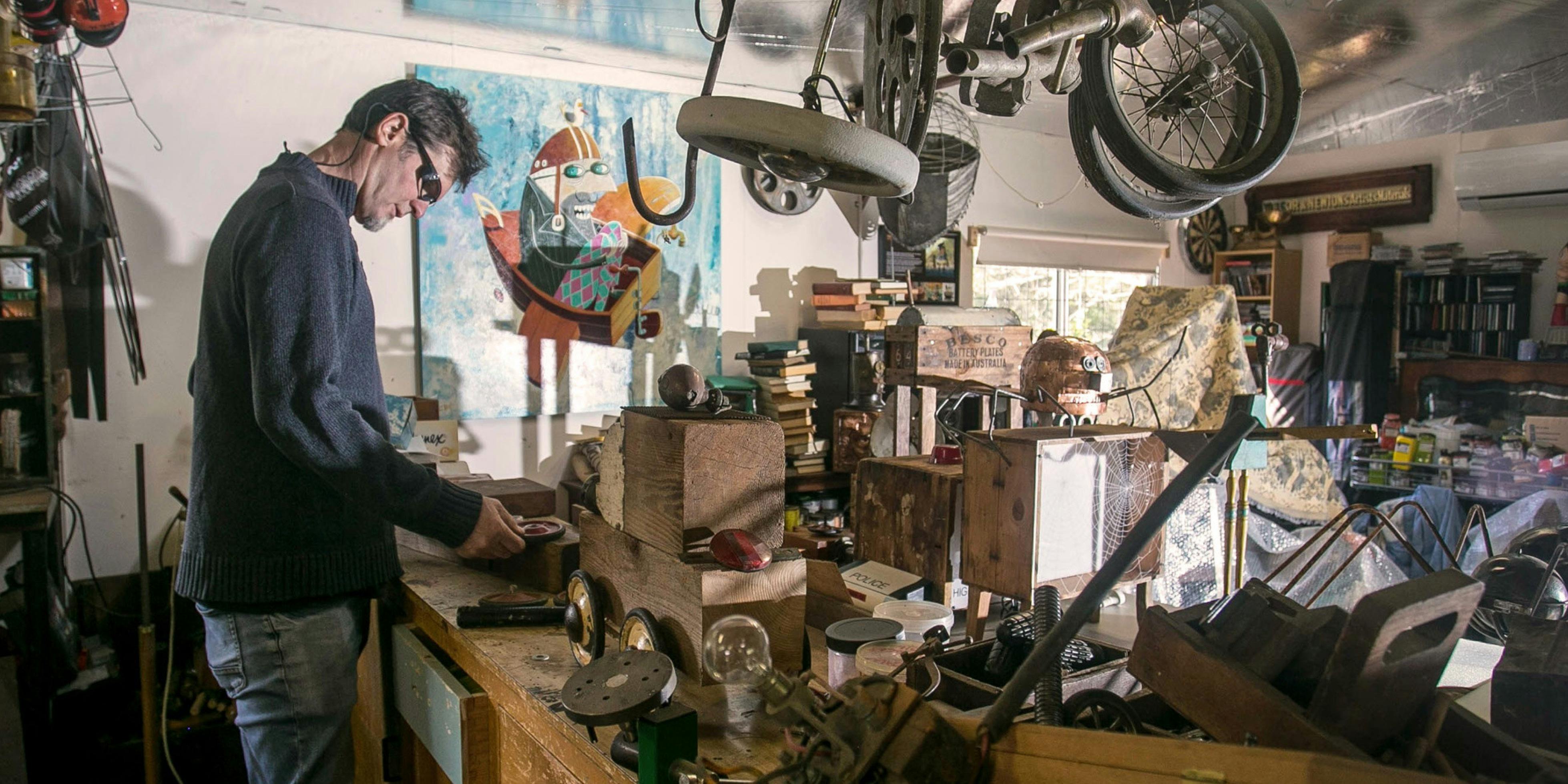 Artist i his Studio Shot – Neil Elliott (Metalwork, Mixed Media, Painting, Sculpture)