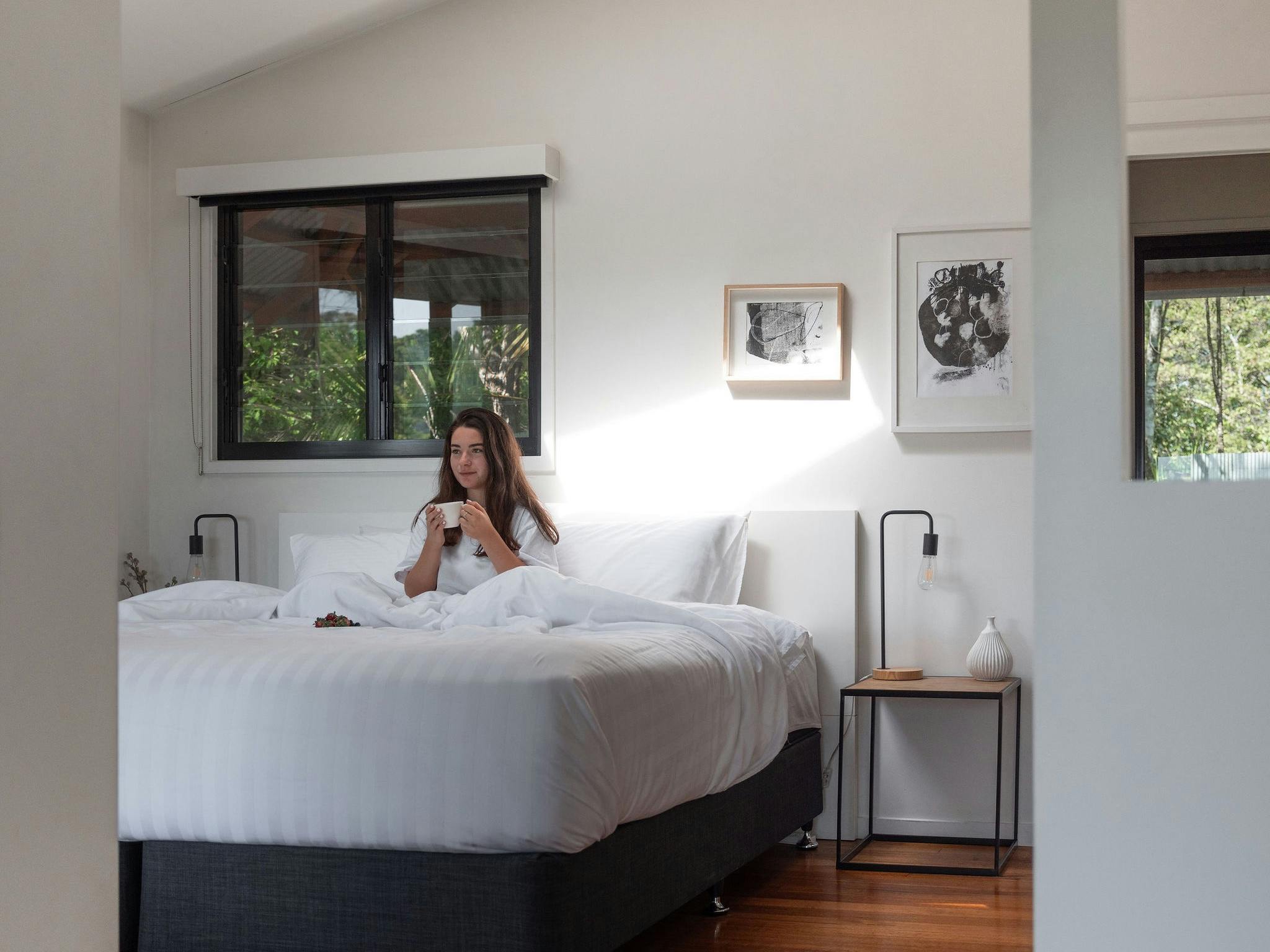 Enjoy spectacular views from the comform of the king size bed with luxurious linen included