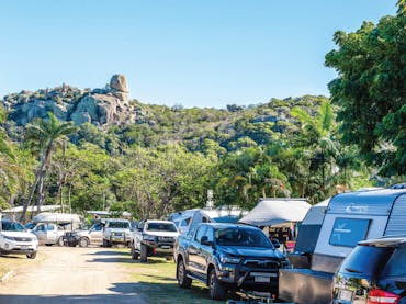 Looking from the caravan park up to Mother Beddock rock formation high on the walking track.
