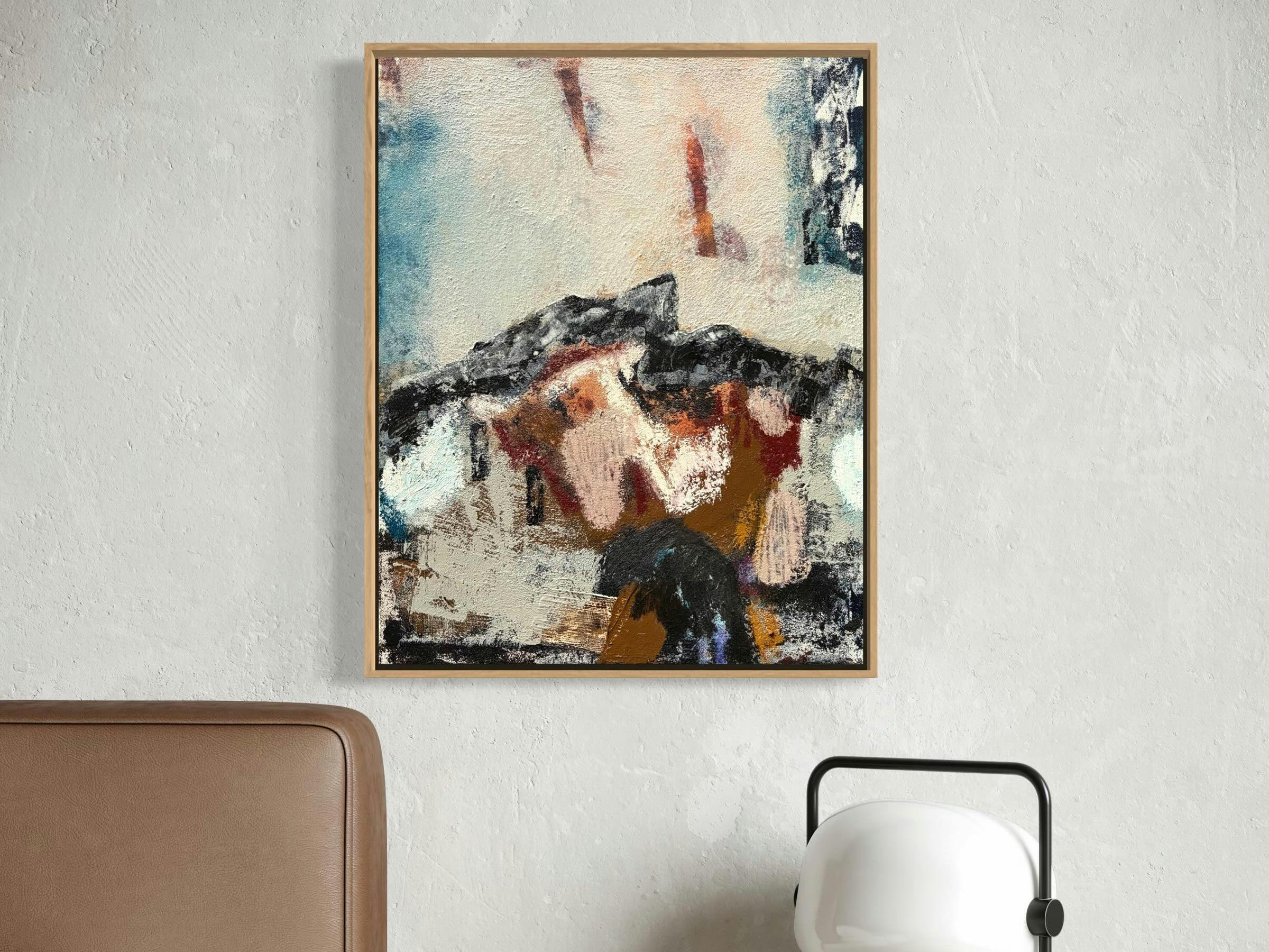 Framed abstract painting by Bec Talbot on a textured wall
