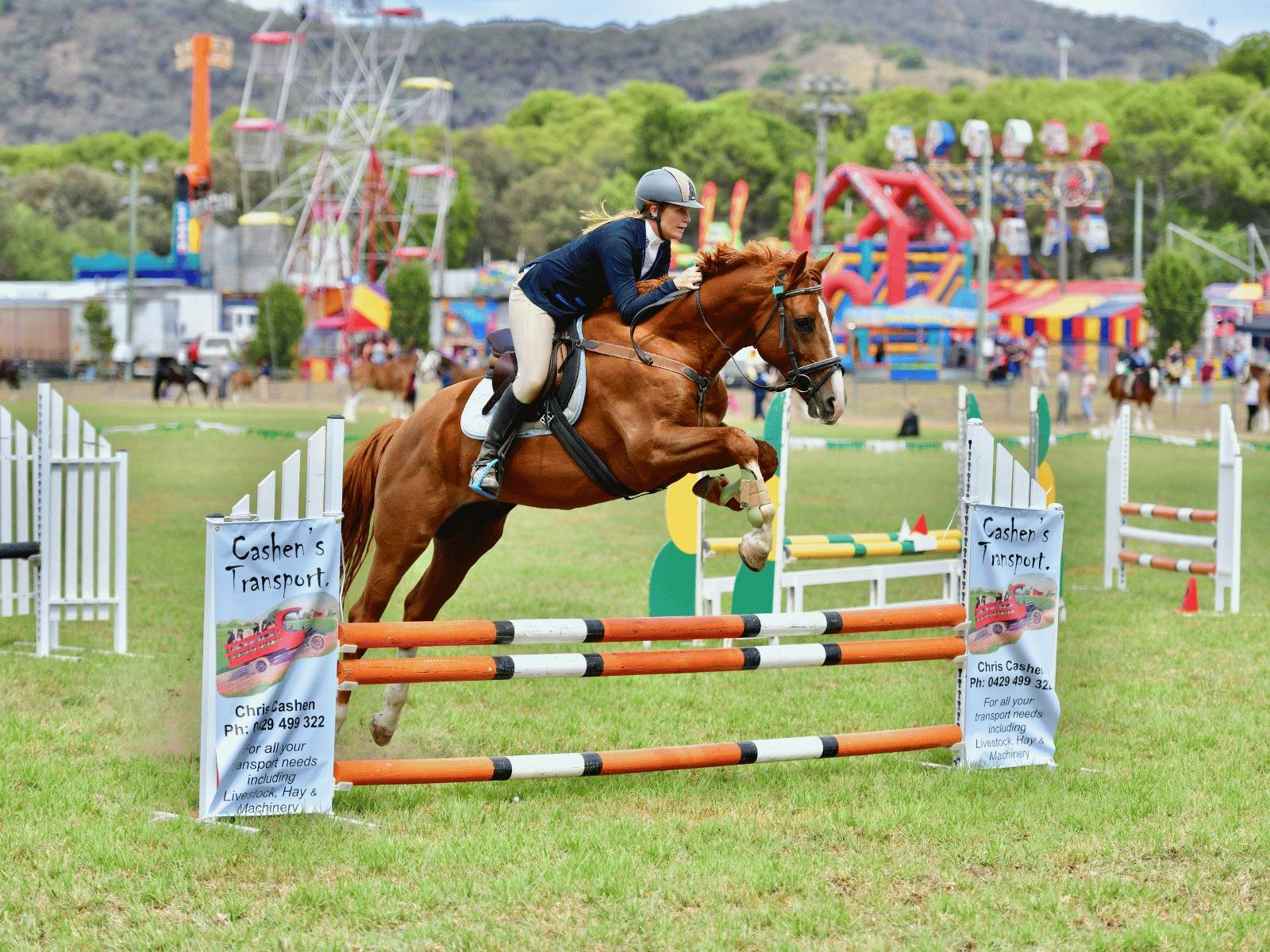 Showjumper competing in the arena with sideshow attractions at the Mudgee Show.