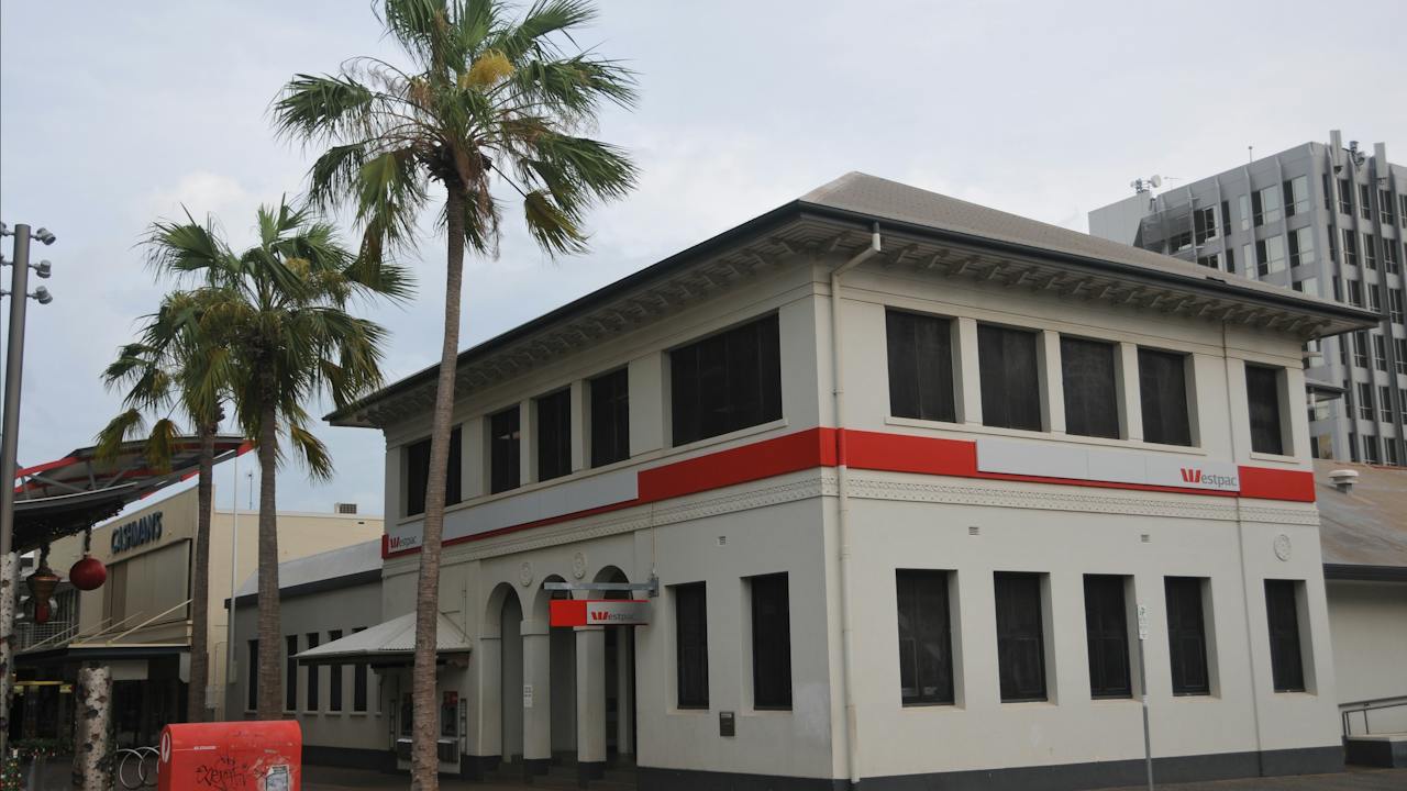 Front façade of the former Bank from the street.