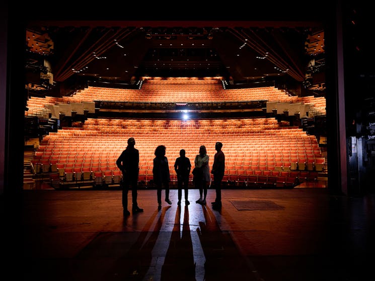 Tour guide and group standing on the Joan Sutherland Theatre stage