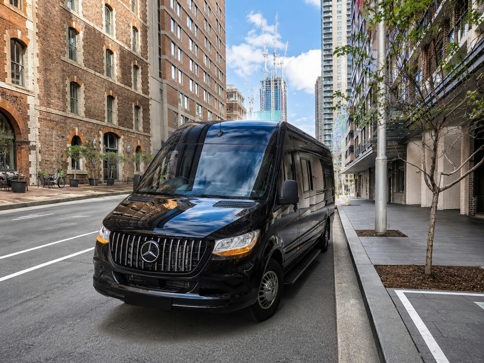 Black Mercedes-Benz Sprinter used for private chauffeur and group transfers in Sydney