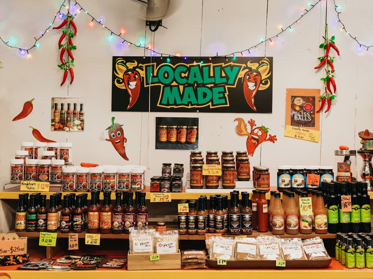 Locally made chilli sauces in the Kuranda Village Markets, Tropical North Queensland.