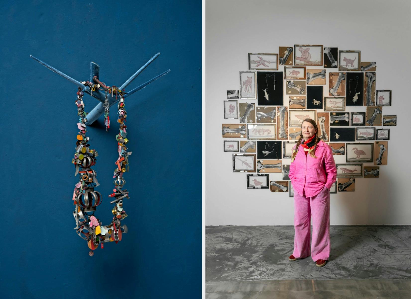 Assemblage necklace hanging on a blue background to left. A woman in pink stands in front of drawing