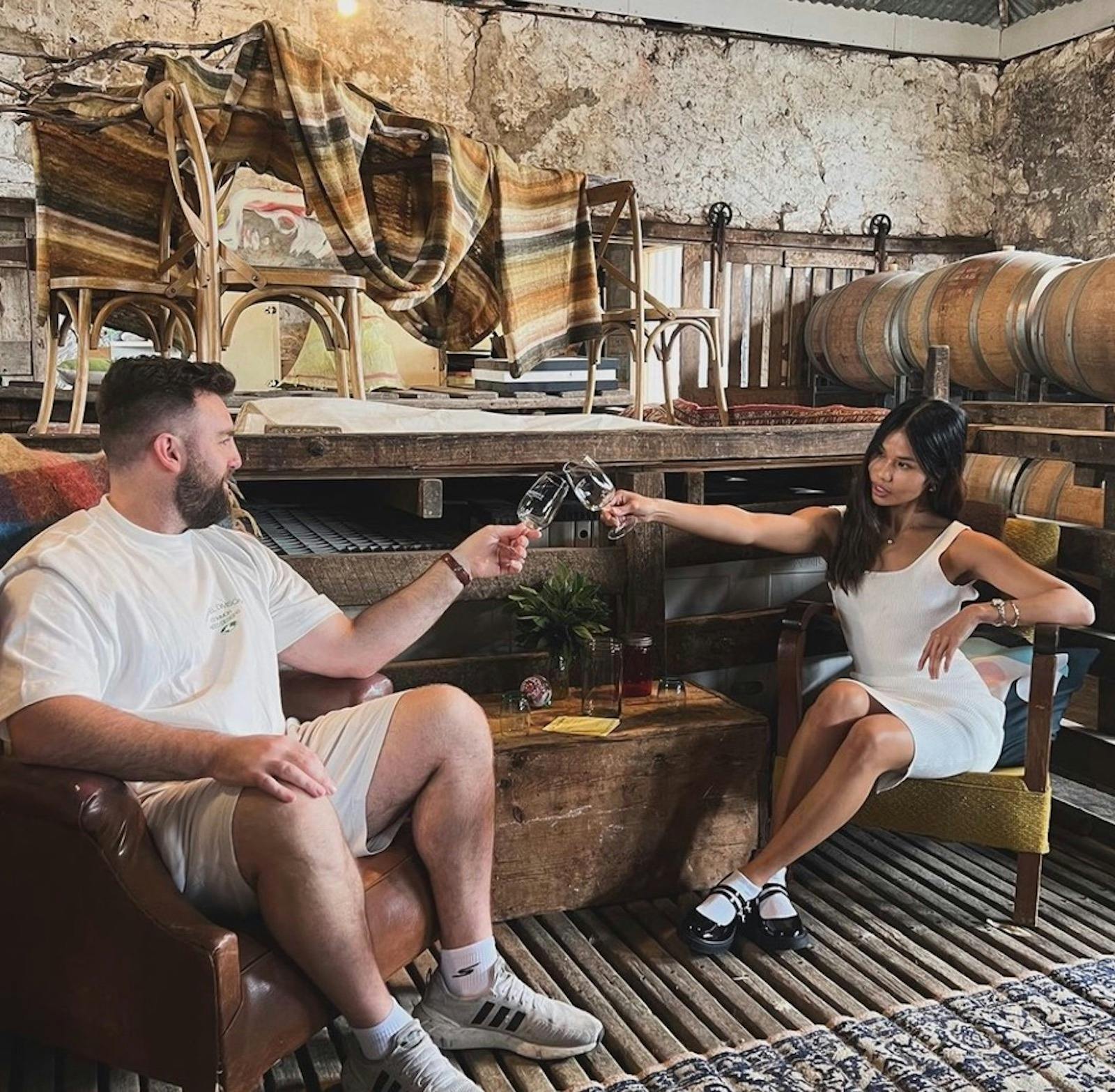 My Coonawarra Wine Tours - Couple enjoying wine tasting at Bellwethers rustic wine cellar  door.