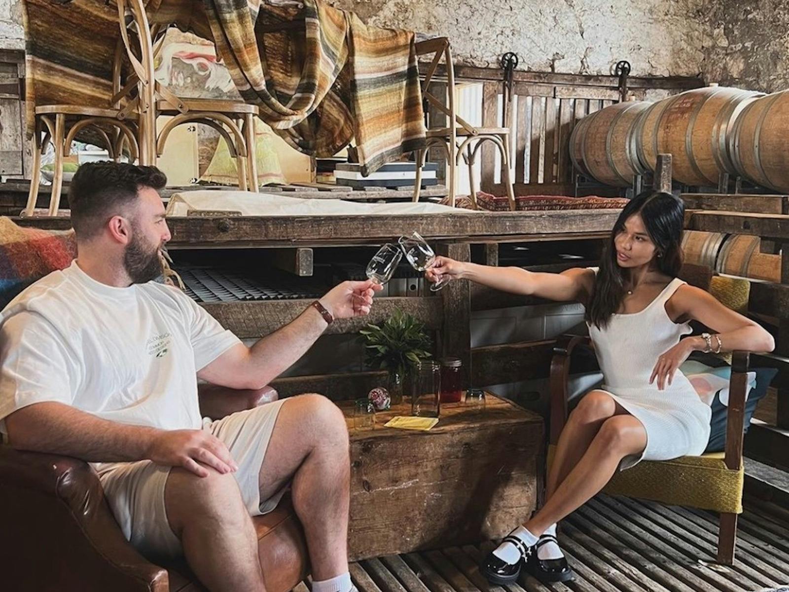My Coonawarra Wine Tours - Couple enjoying wine tasting at Bellwethers rustic wine cellar  door.