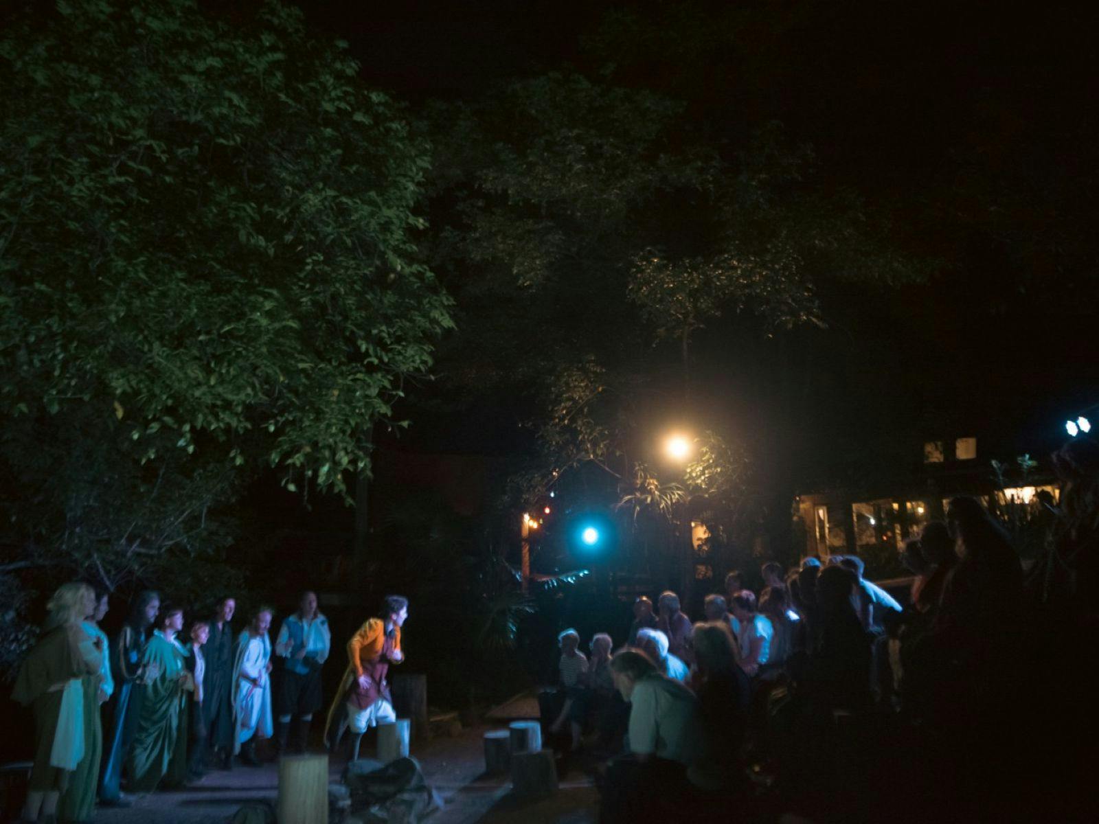 Audience watch actors performing Shakespeare in outdoor forest theater at Dungog Shakespearience NSW