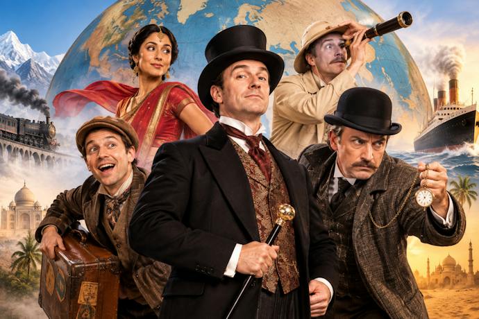 Five Victorian-era adventurers with a globe, steam train and ocean liner