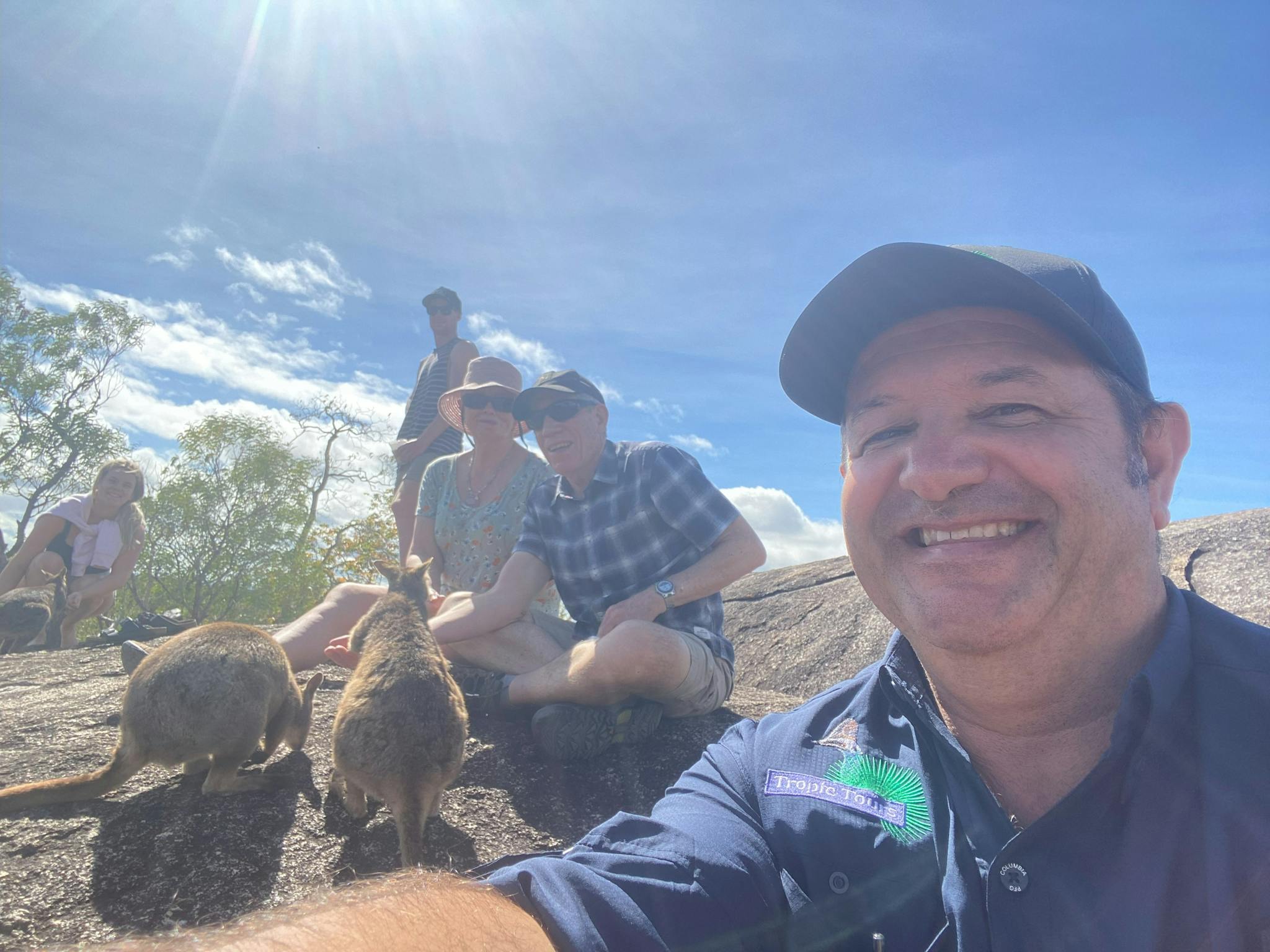 Couple sitting on rock hand feeding 2 wallabies with tour guide in photo Couple sitting on rock hand feeding 2 wallabies with tour guide in photo