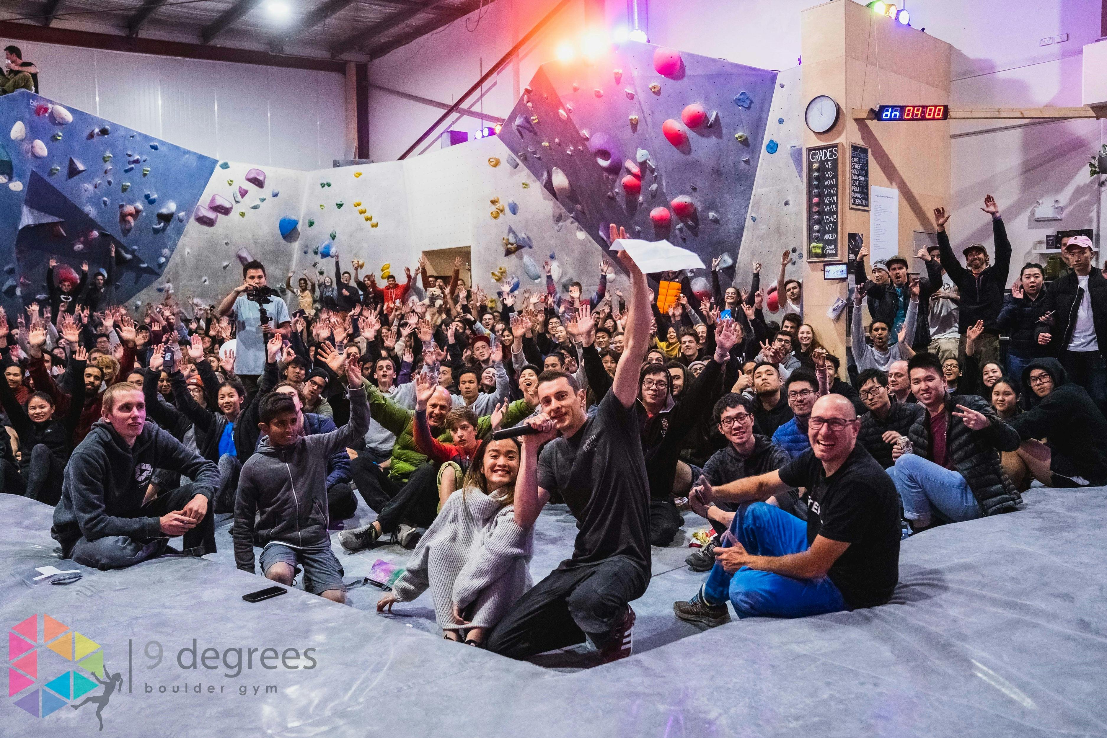 Large group of people in the climbing gym at 9 Degrees Parramatta