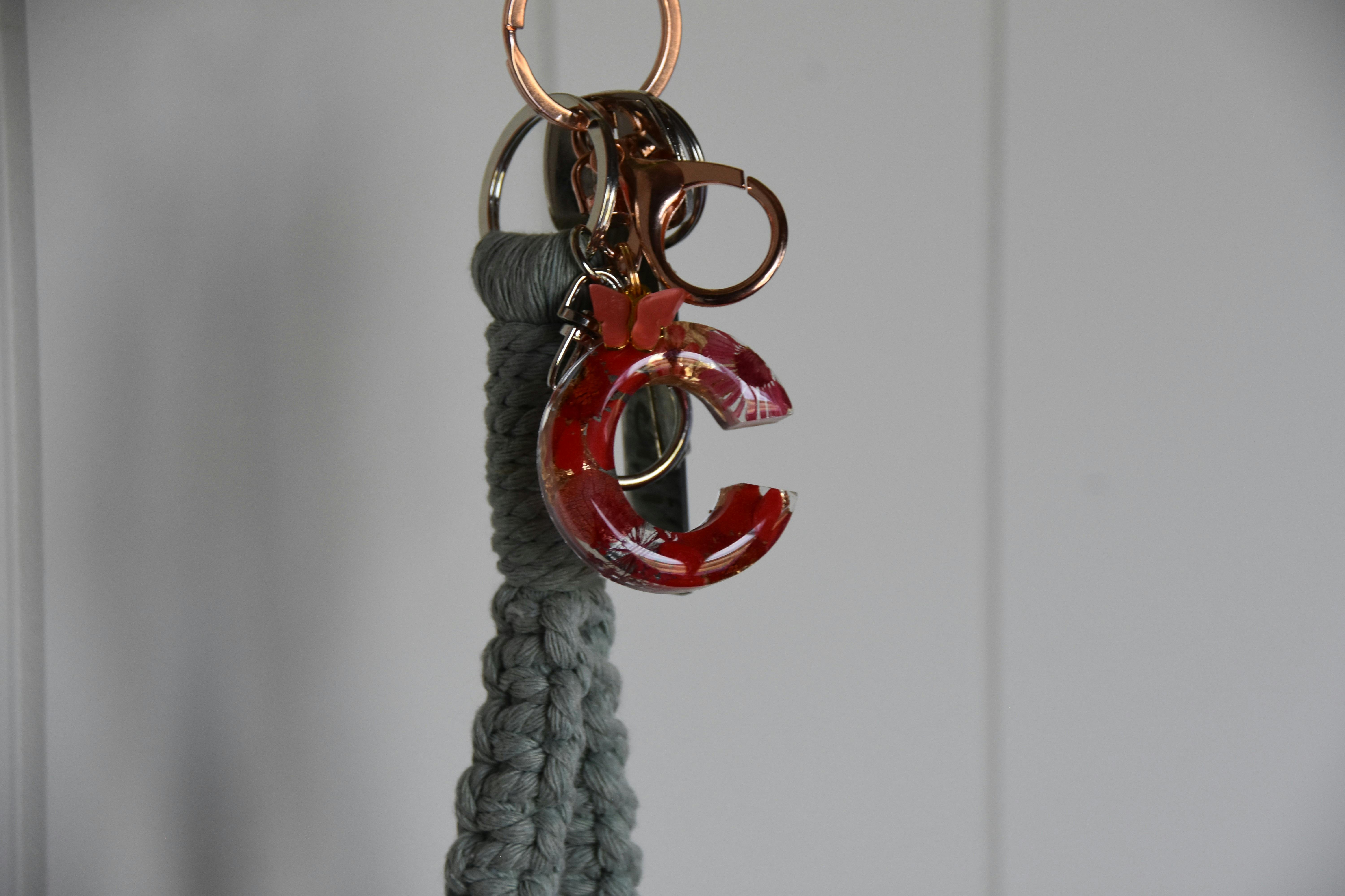 Close-up of handcrafted keyring hanging inside the Ceri tiny home