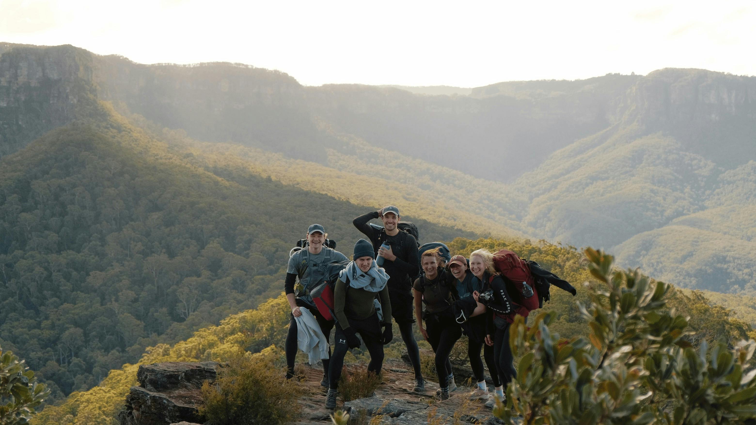 Group enjoying a guided multi-night hike in the Blue Mountains, NSW