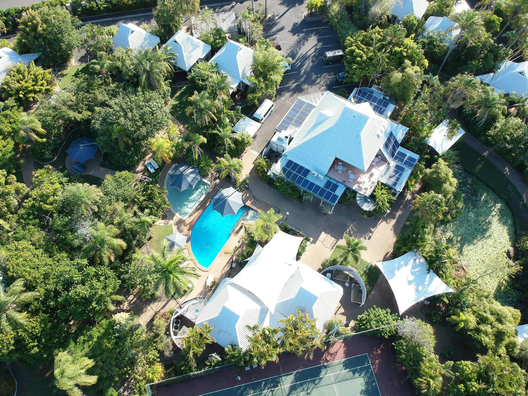 Aerial view of resort facilities at Kellys Beach Resort, Bargara Aerial view of resort facilities at Kellys Beach Resort, Bargara