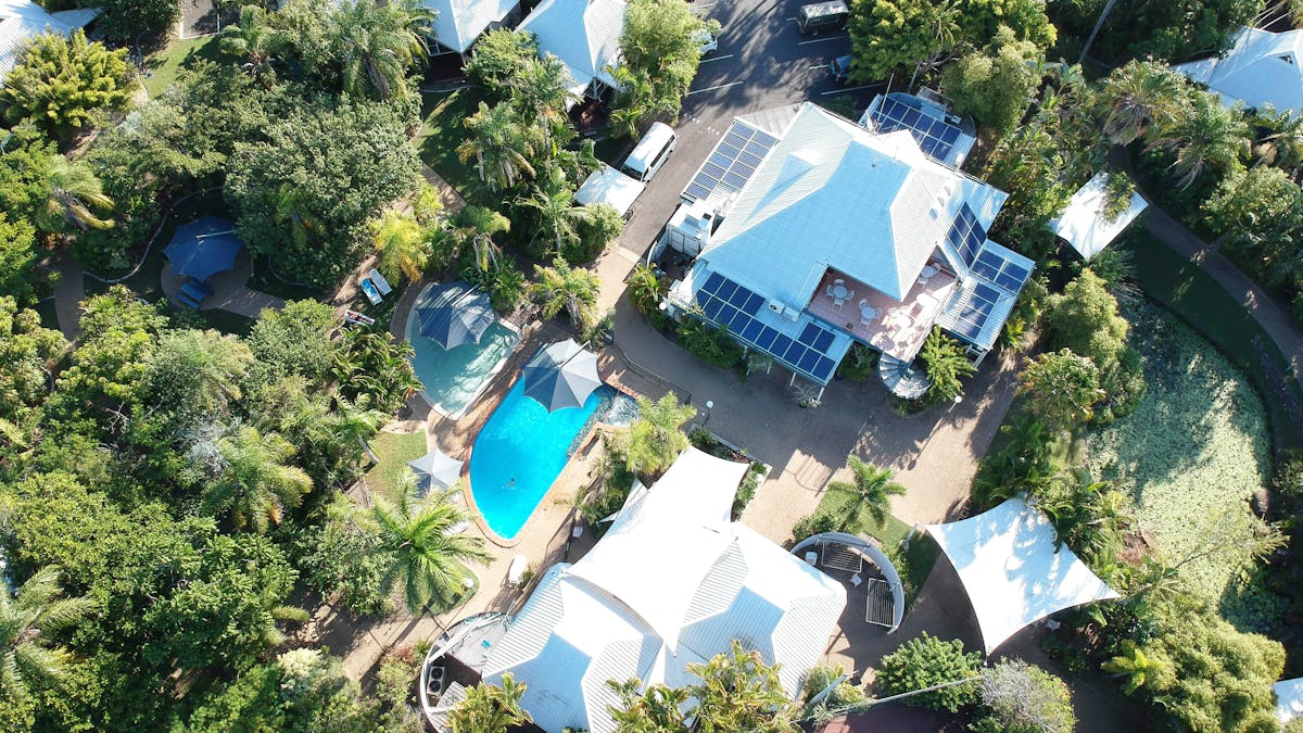 Aerial view of resort facilities at Kellys Beach Resort, Bargara