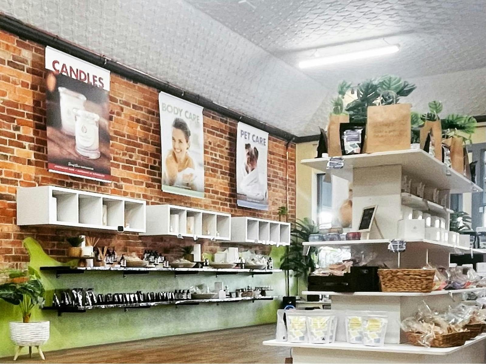 Inside view of shelves and banners at Daisy Cow Soap & Skincare shop in Rutherglen