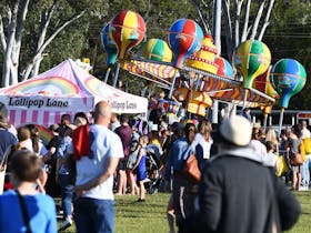 crowds of patrons enjoying the festivities and rides at the Beenleigh Cane Parade