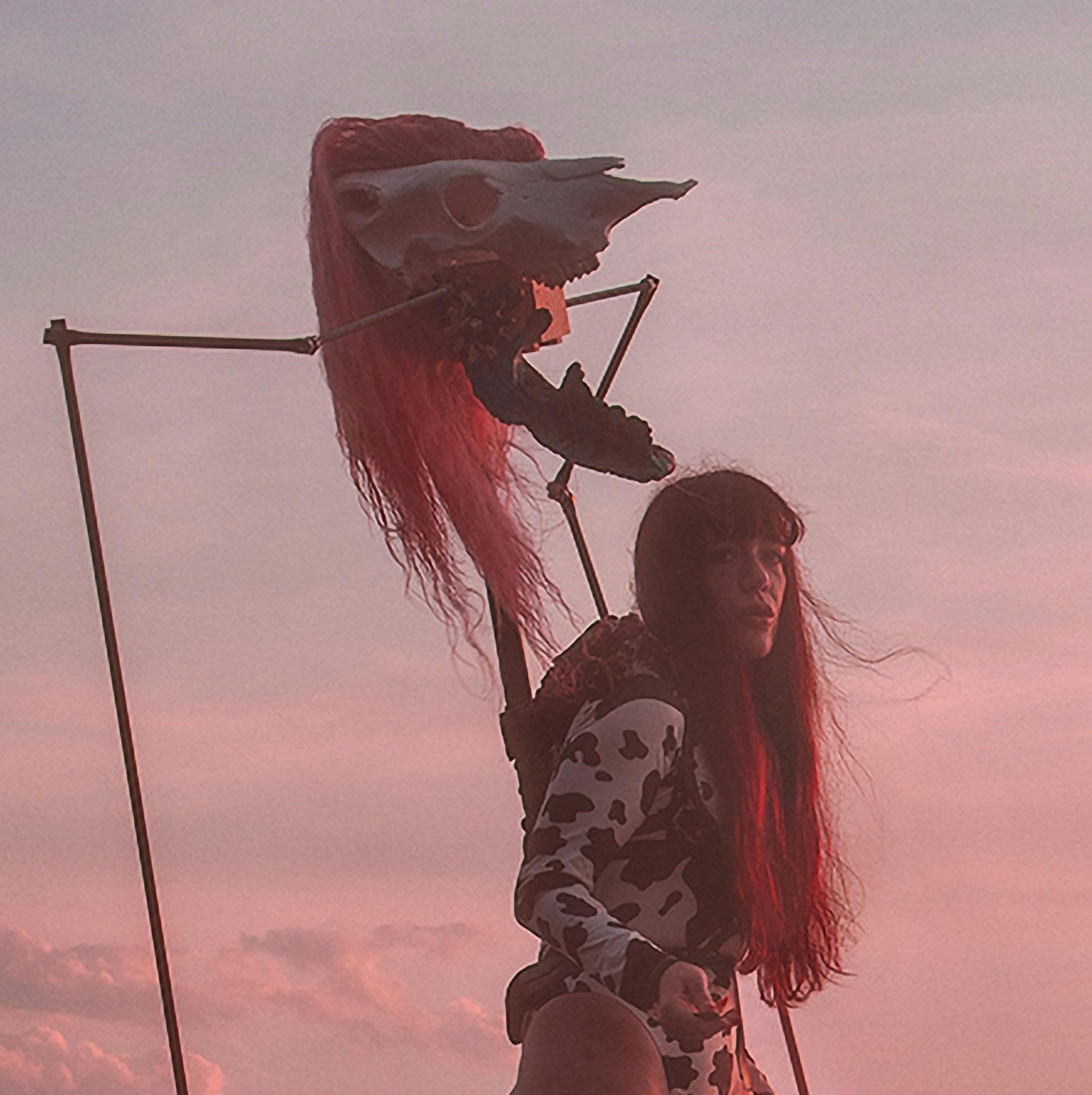 A woman with long red hair holds a performance object made from a cow skull wearing a pink wig.