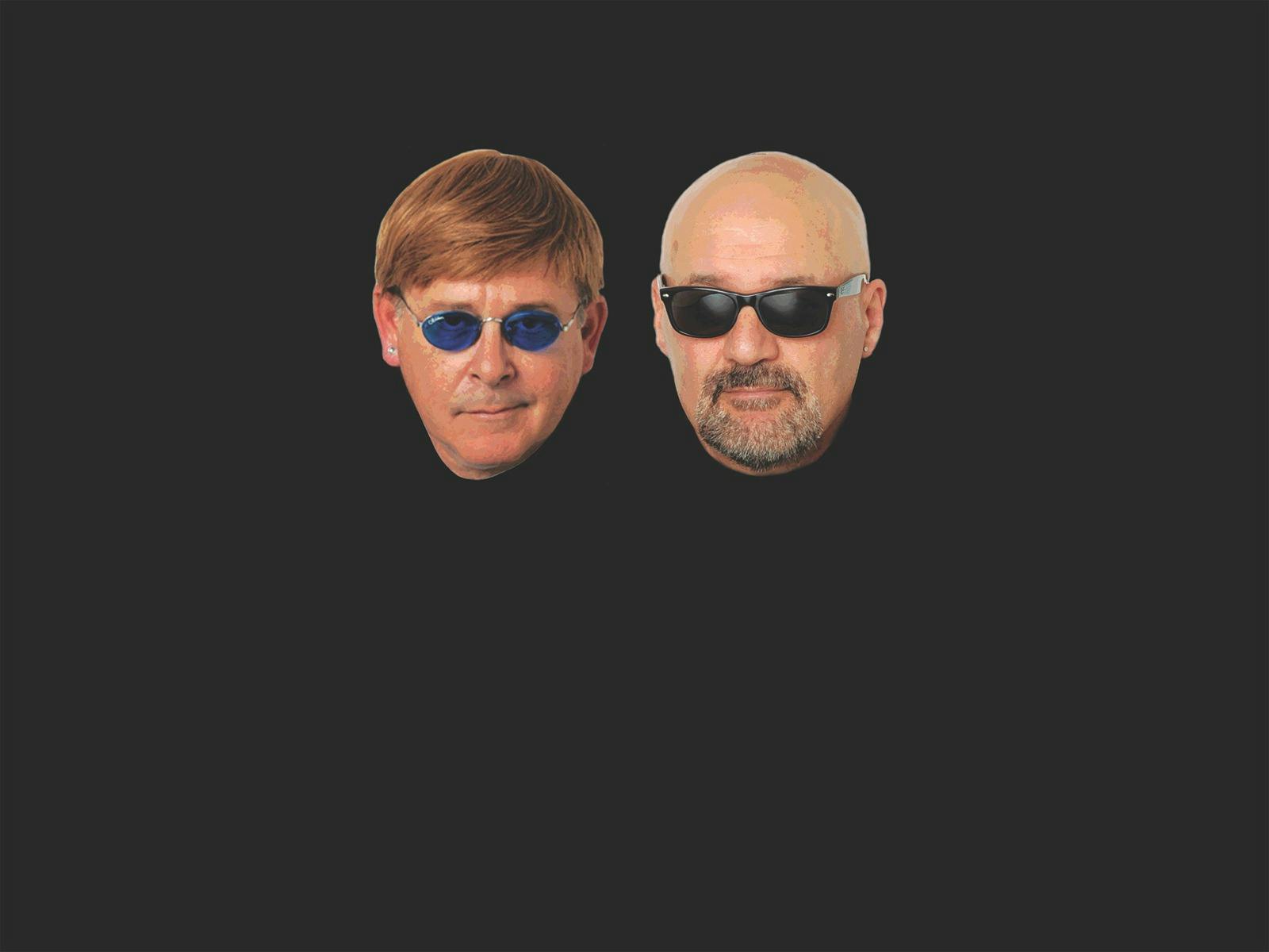 Two heads with sunglasses float against a black background