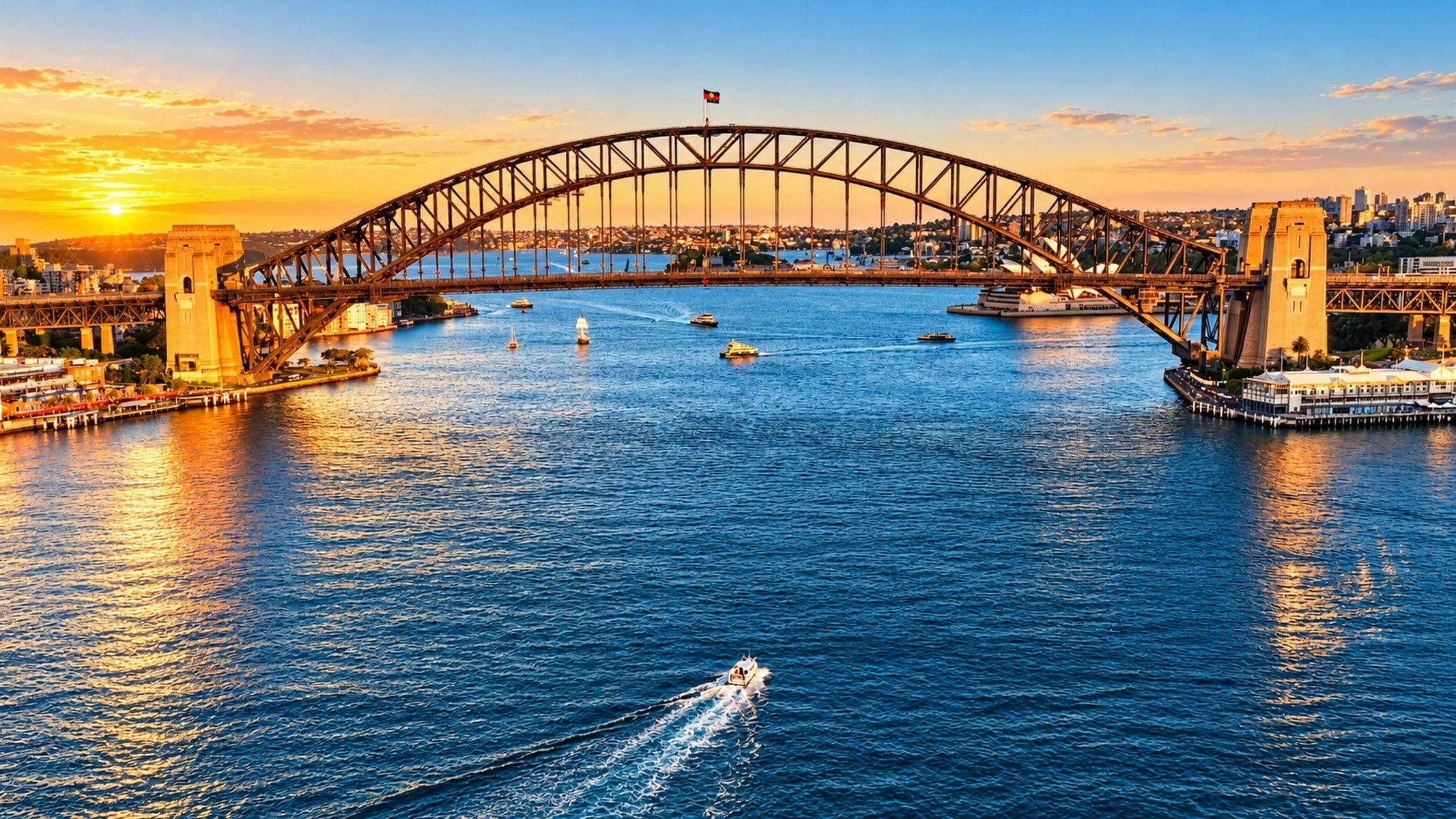 60 minute private Sydney Harbour cruise near the Harbour Bridge at sunset