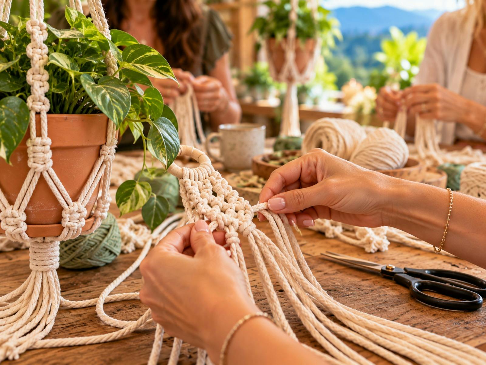 Hands learning to knot a macrame potholder during a private macrame workshop on Tamborine Mountain