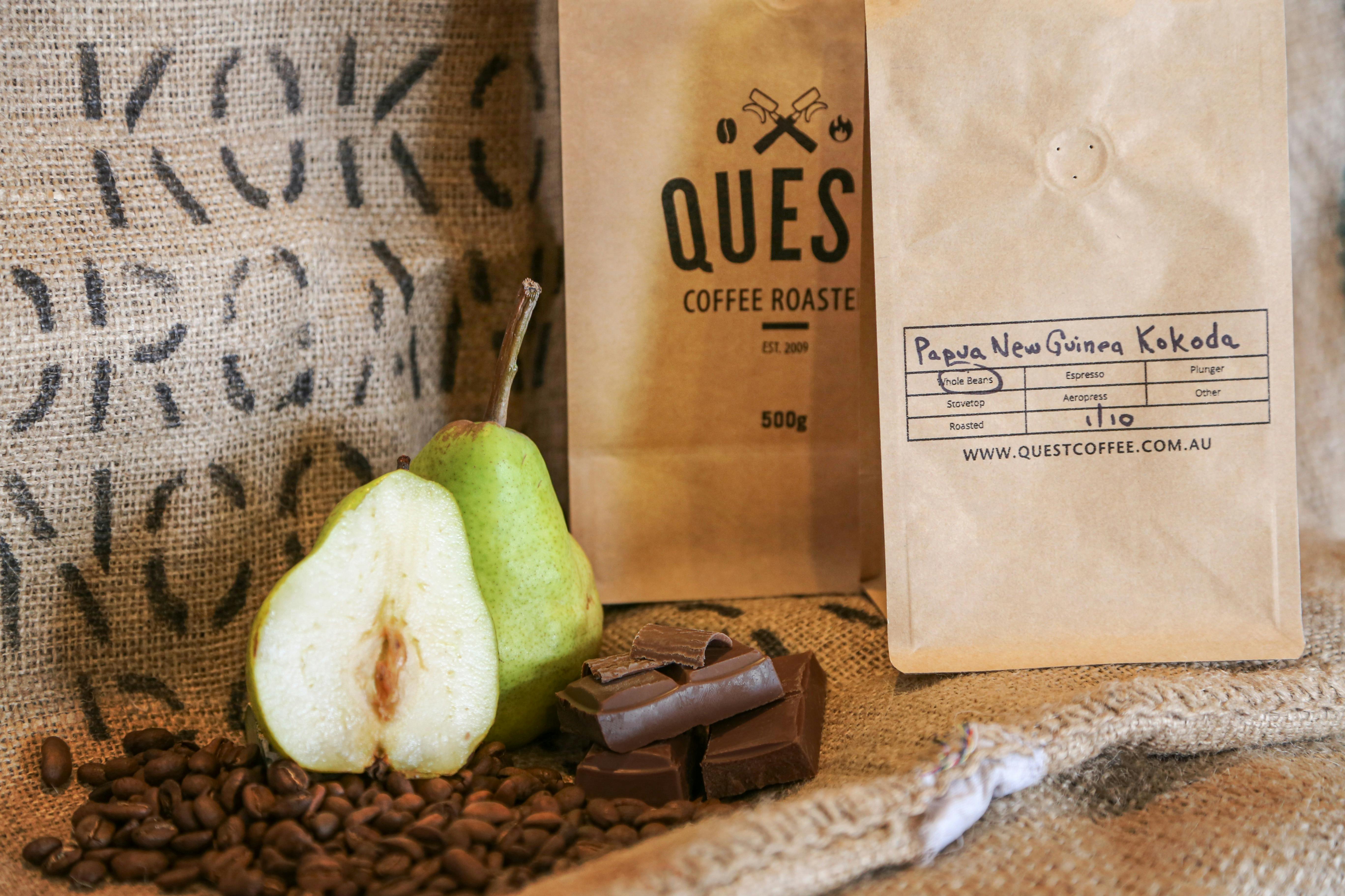 PNG Kokoda single origin medium roast. Vibrant, unique, with cocoa, green pear, and mandarin.