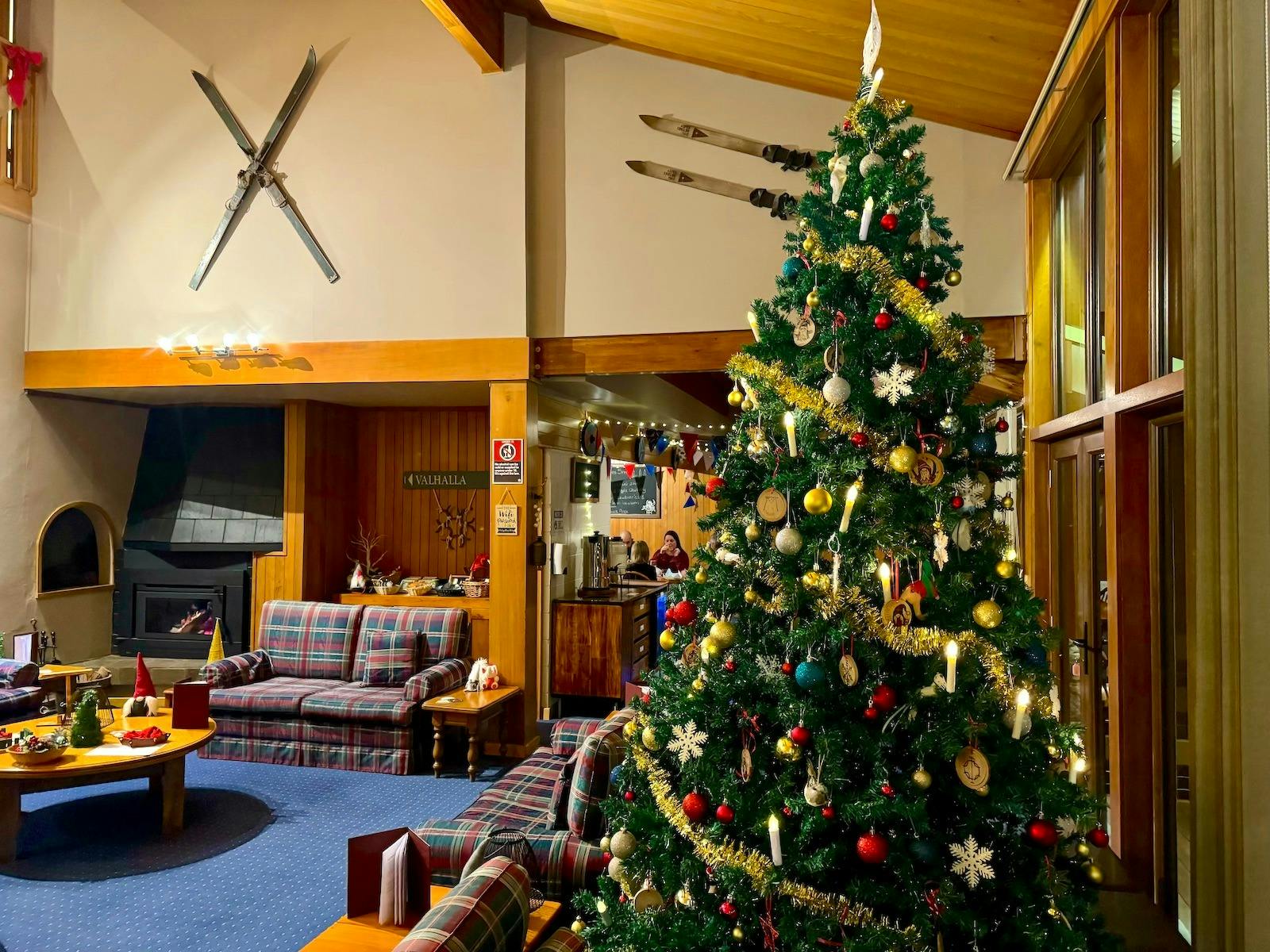 A Christmas Tree in the lounge room with the fire and people dining in the back ground