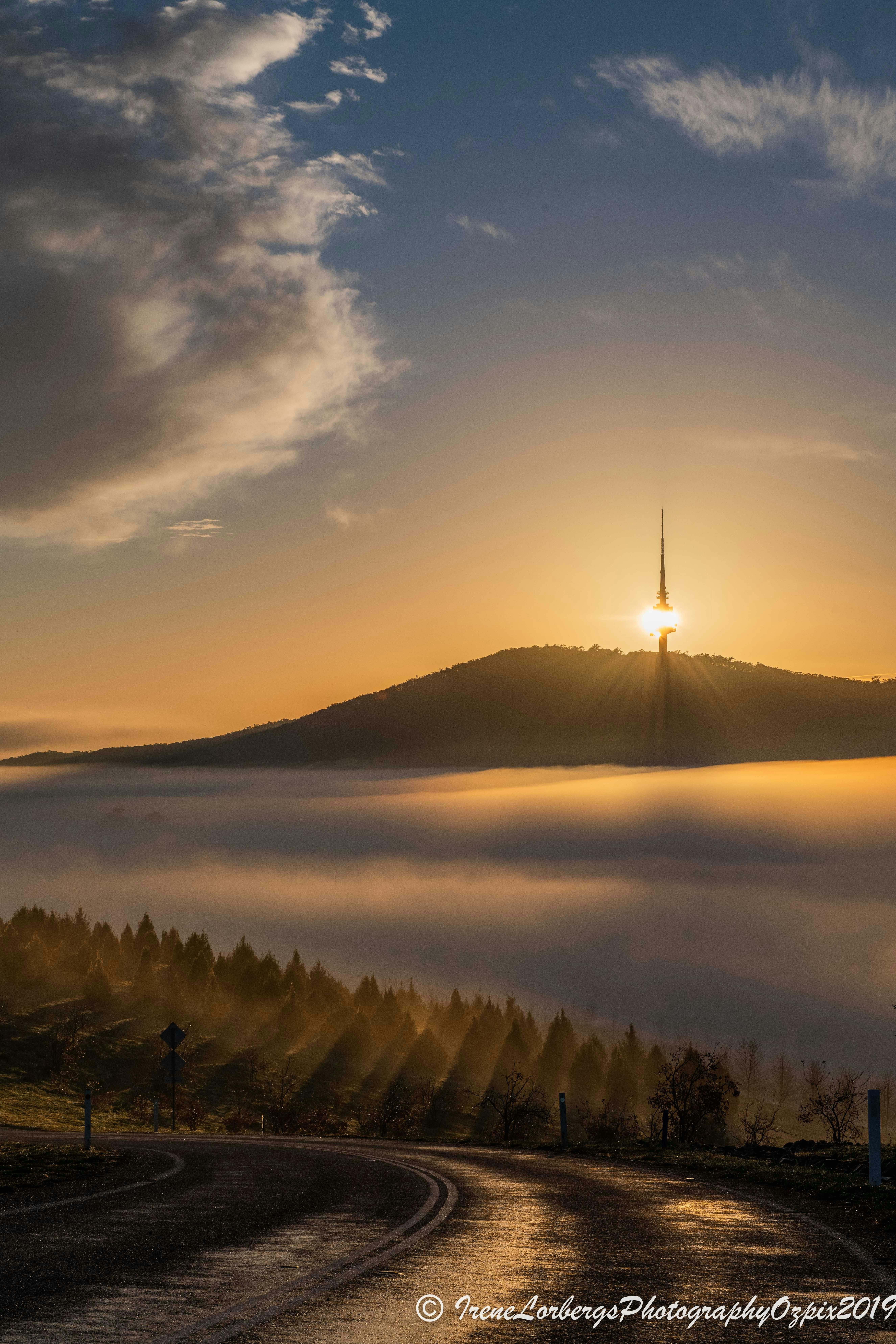 Telstra tower at sunrise with fog