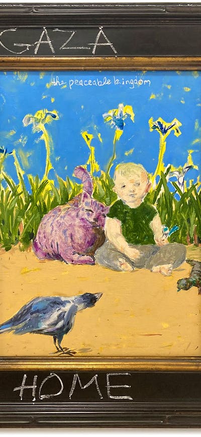 Abstract painting of a small boy sitting in garden with a bird, cat and lizard.