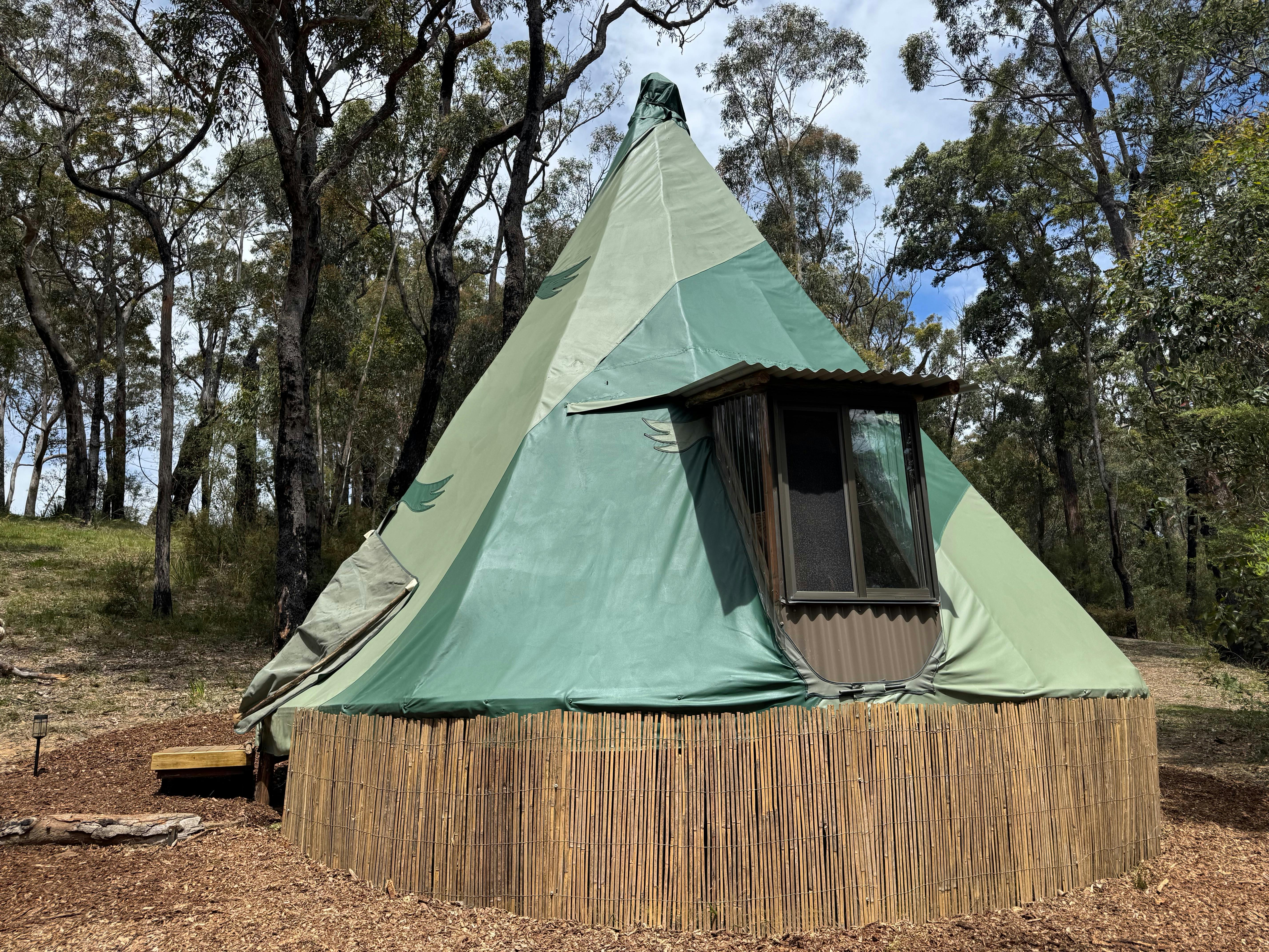 picture of the Tea Tree Tipi fro the outside.  Behind the tipi are trees and sky