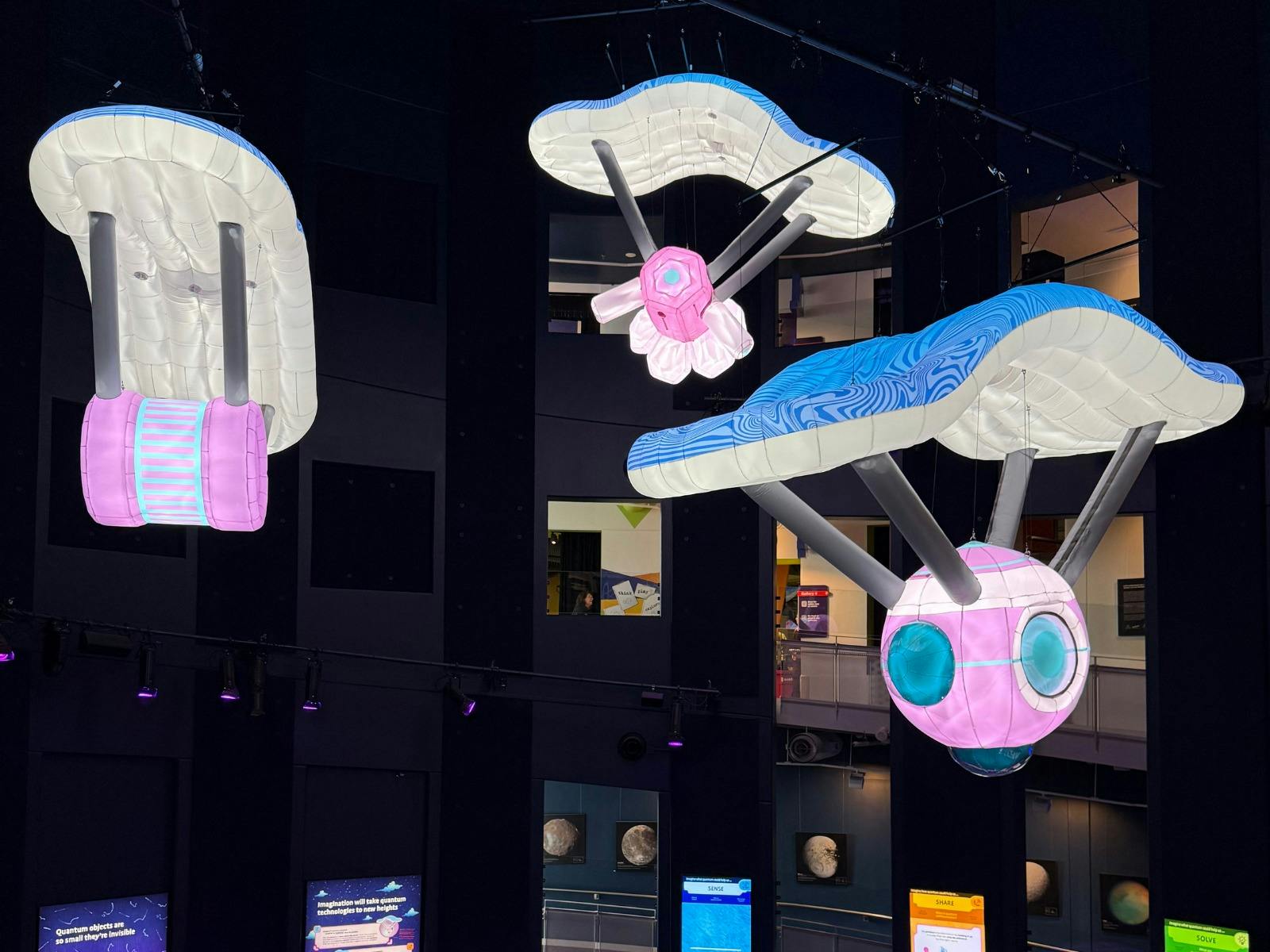 Three inflatable sculptures that represent quantum technology