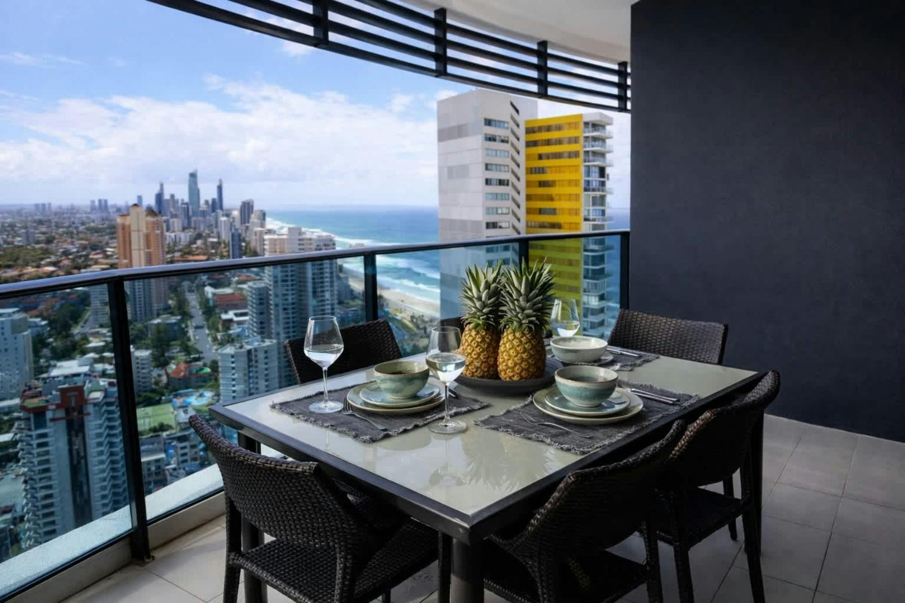 Outdoor setting on balcony overlooking the coast and Broadbeach to Surfers Paradise