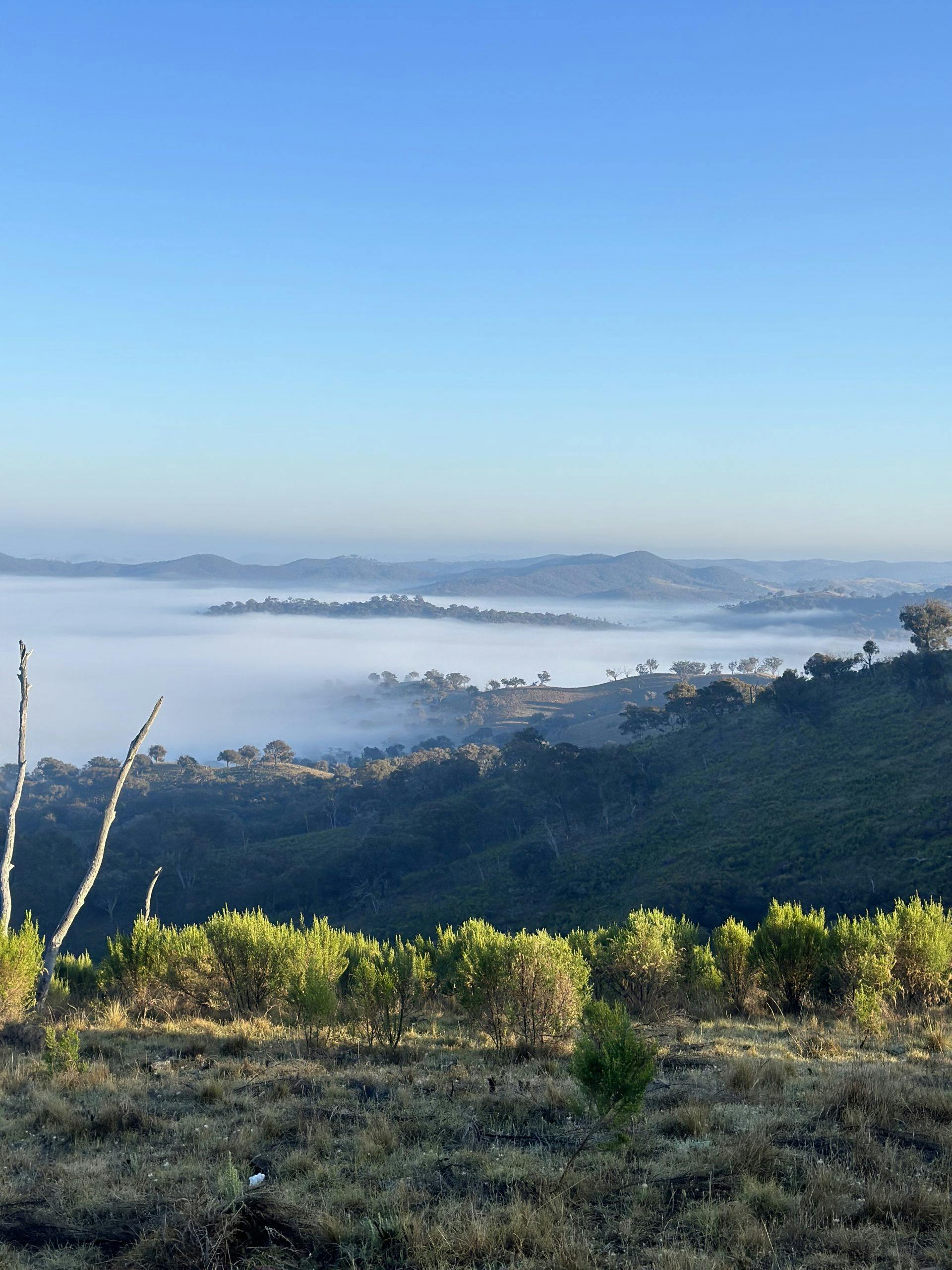 landscape, mountains, fog, blue sky