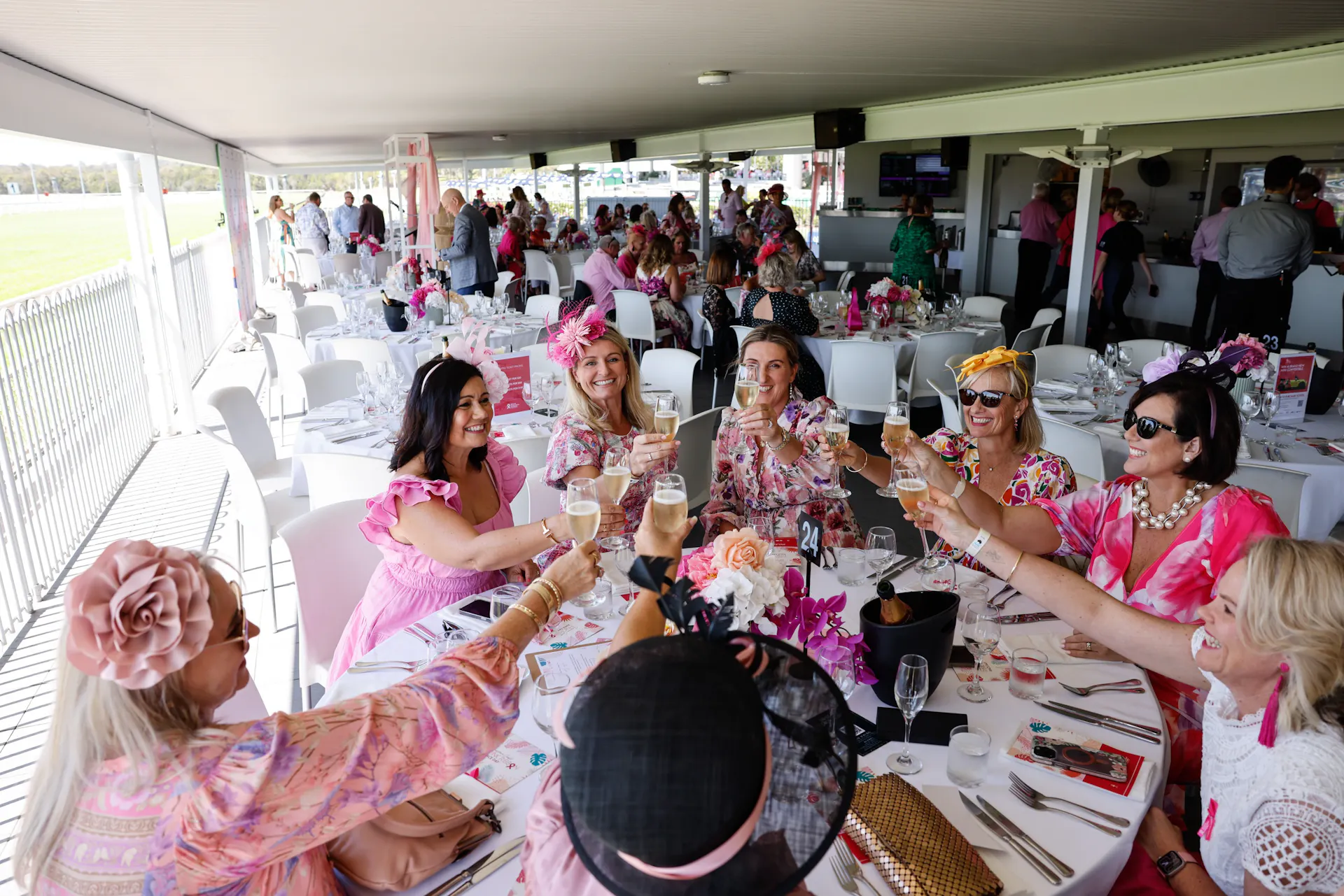 group of ladies at table clinking glasses