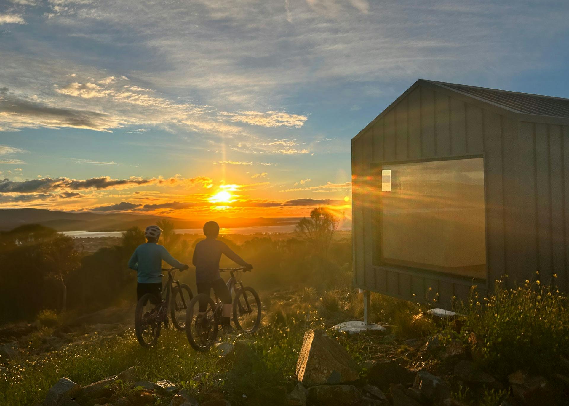 Sunset at The George Tasmania Eco-Pod Accommodation with 270 degree views