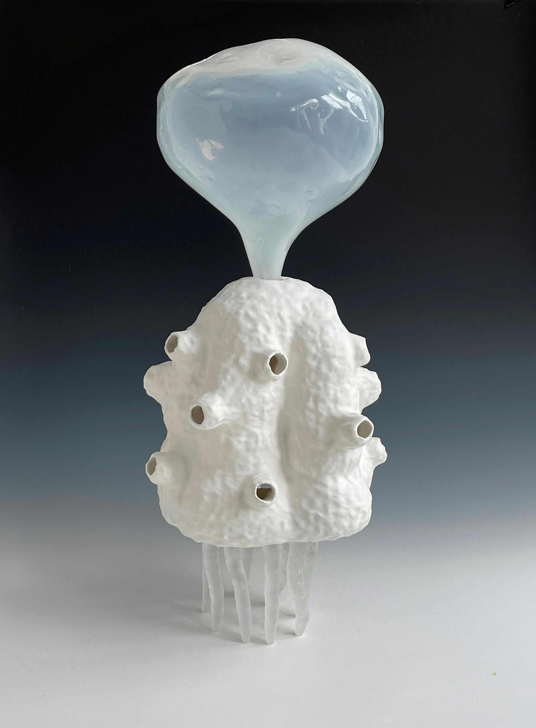 Lynda Draper artwork, made of glazed ceramic and studio blown glass, on grey background