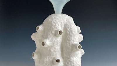 Lynda Draper artwork, made of glazed ceramic and studio blown glass, on grey background