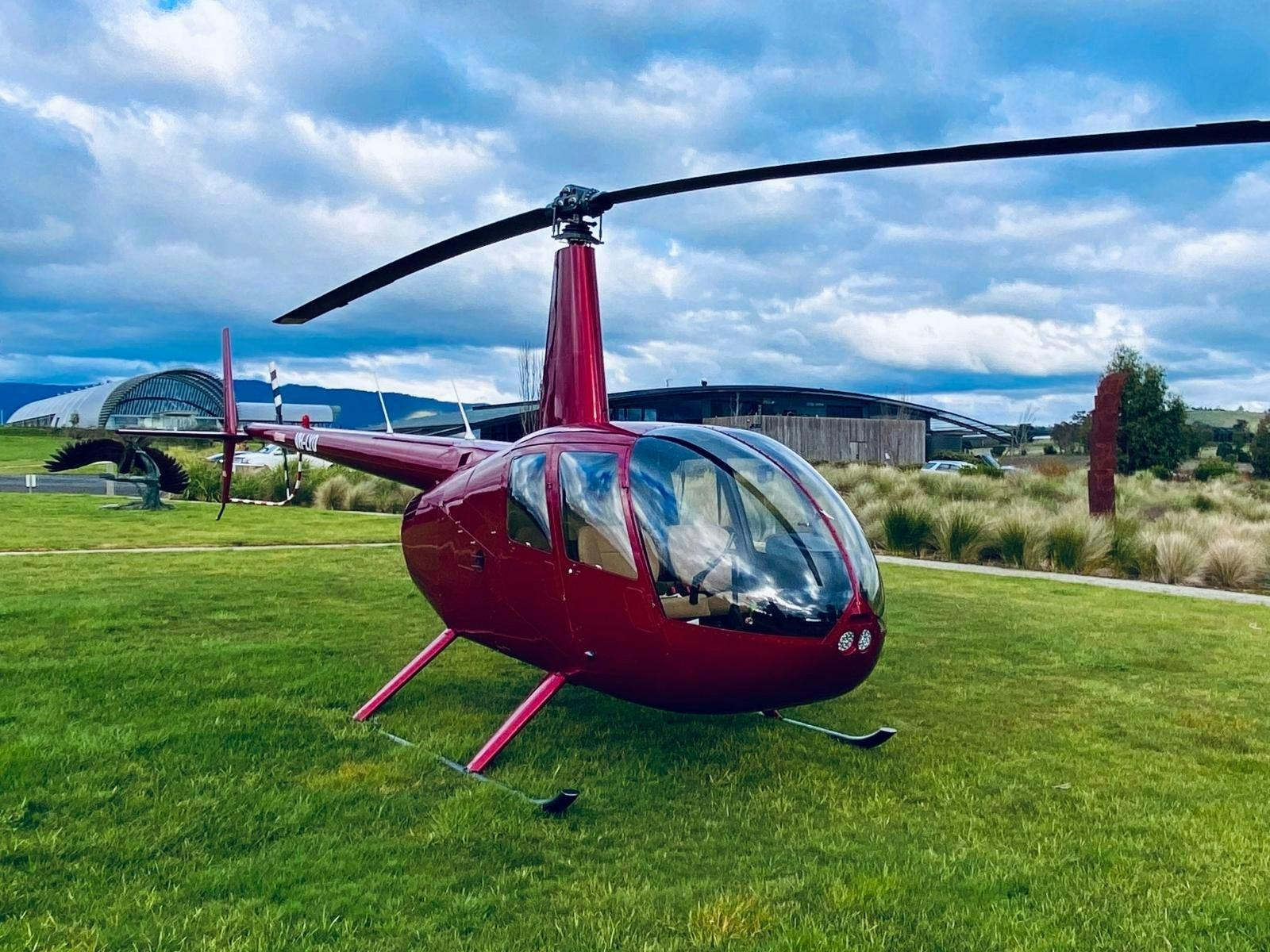 Helicopter landing at Levantine Hill during a wine tour.