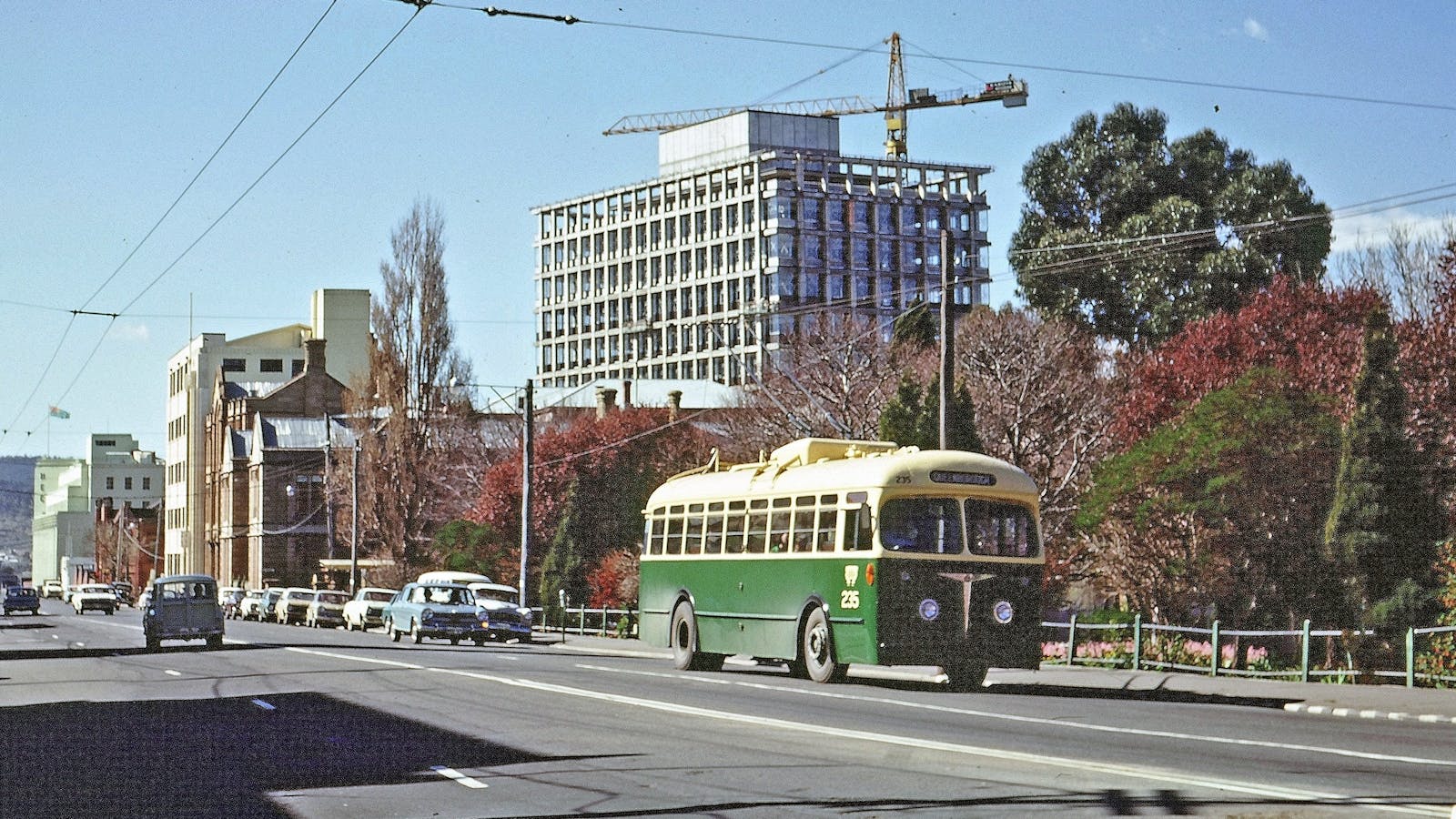 Trolley Bus 235 is one of the two electric buses at the Museum, seen here in 1968 in Davey St.