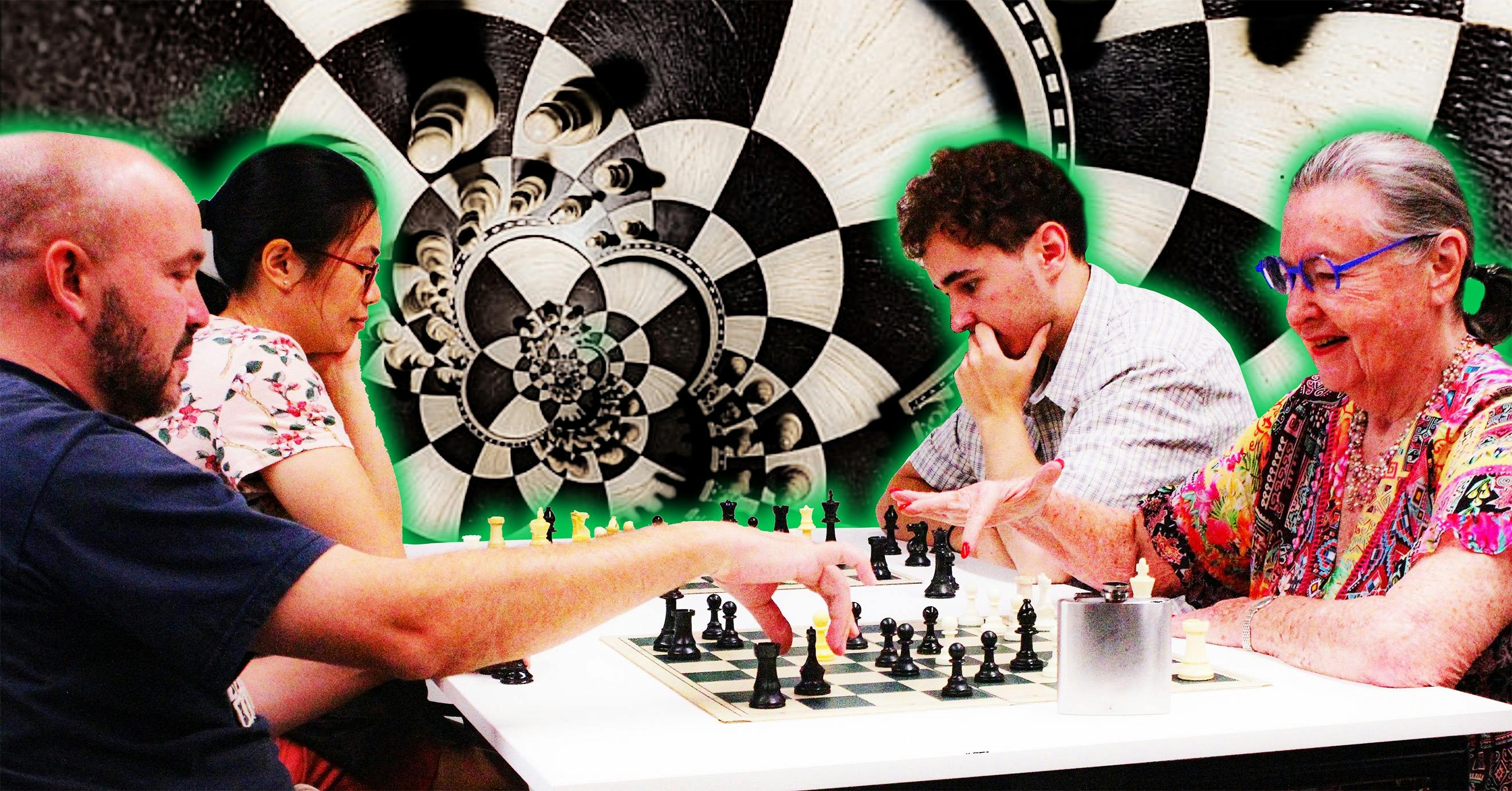 A group of people playing chess together in front of a psychedelic chess board background