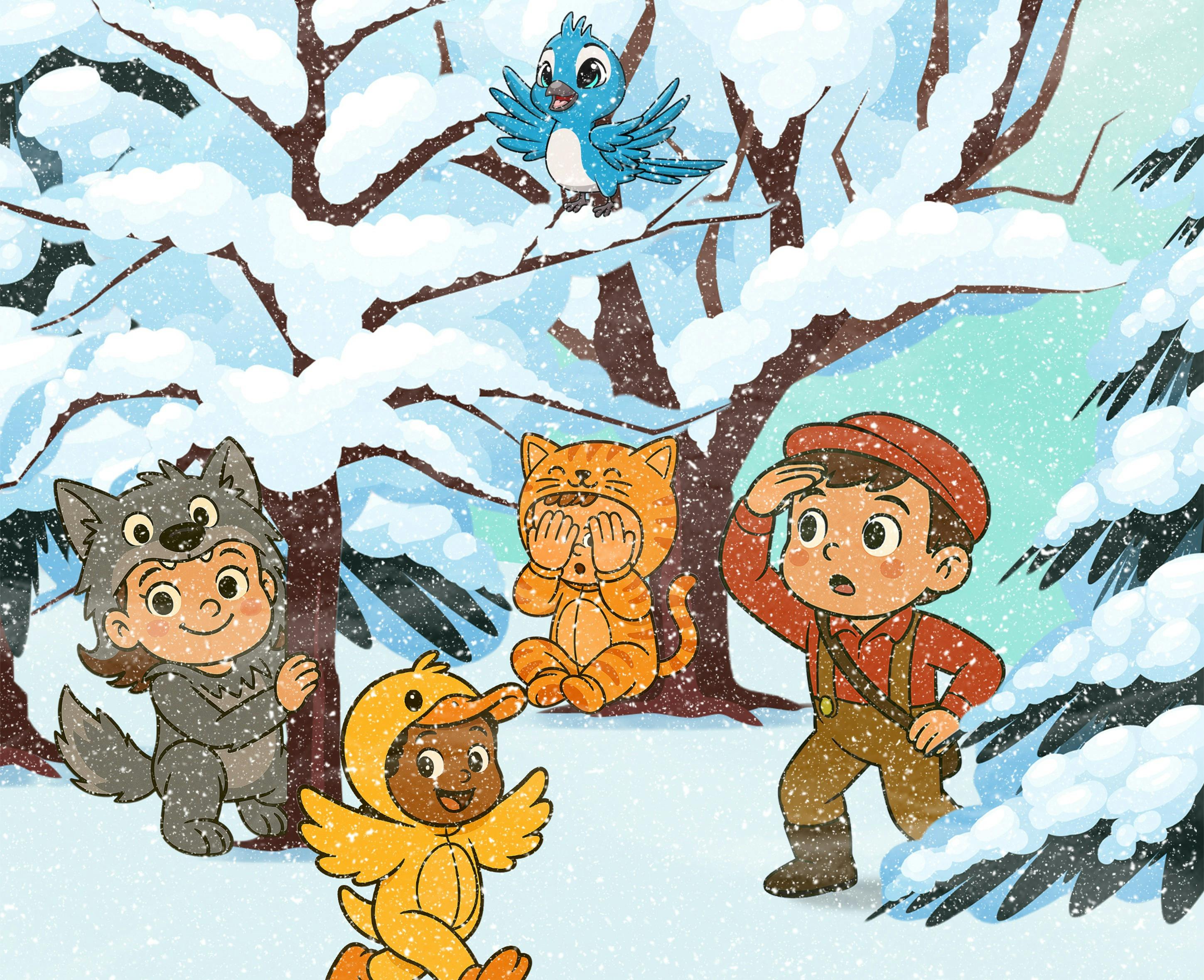 a cartoon of 4 children in various animal costumes playing in the snow
