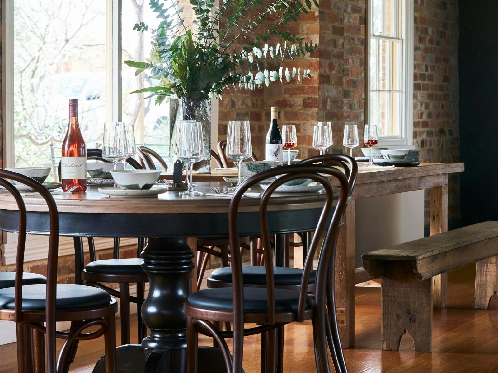 Cosy dining with wine looking out over the garden
