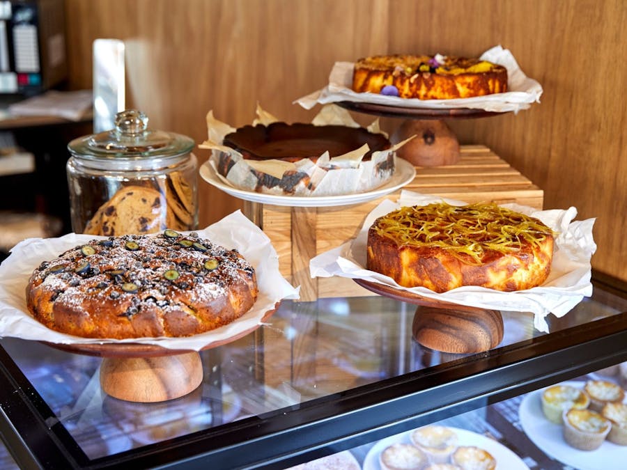 A selection of freshly baked cakes on display in Ramox Cafe