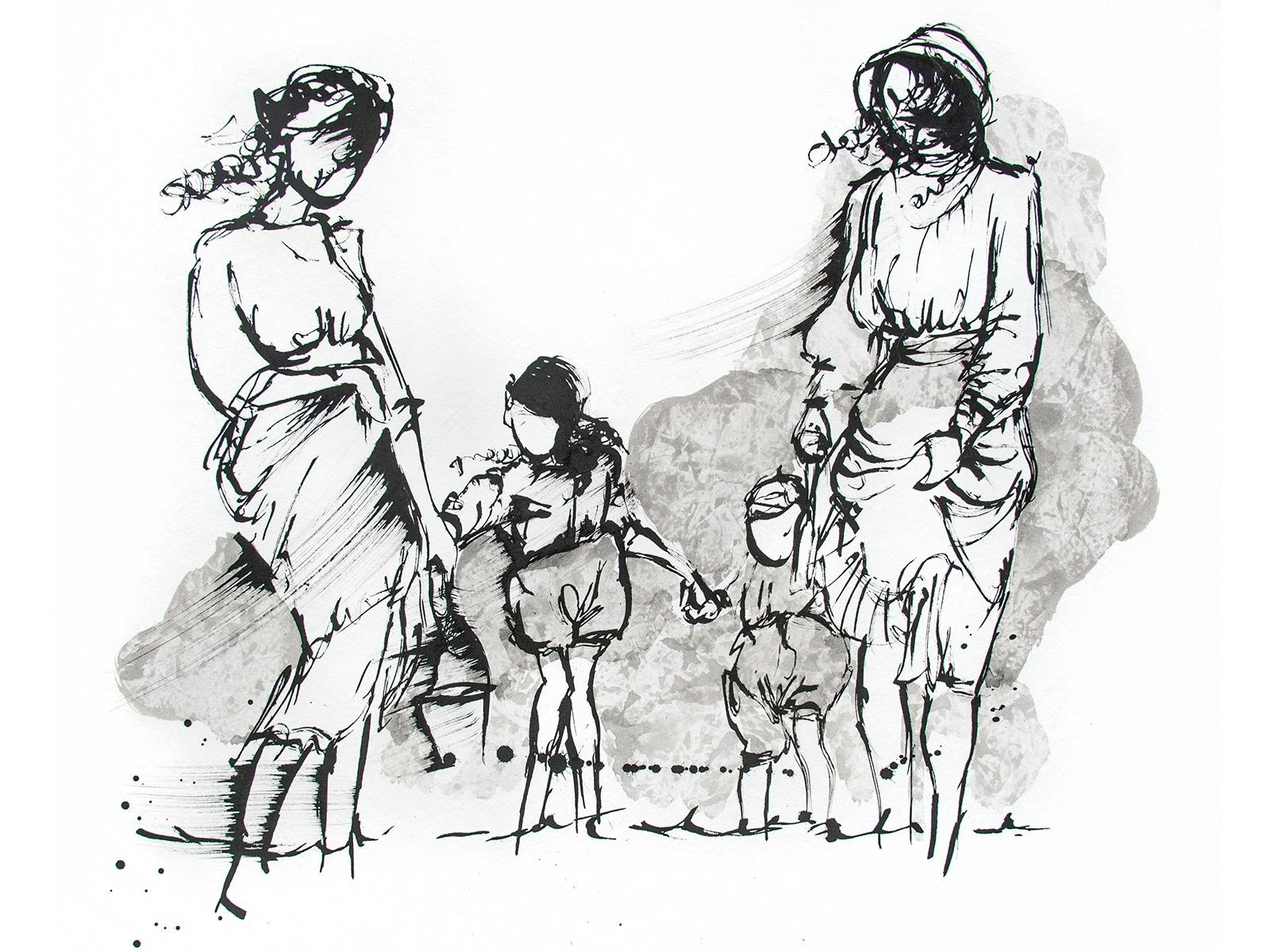 Black and white drawing of a Family from the 1800's enjoying the beach
