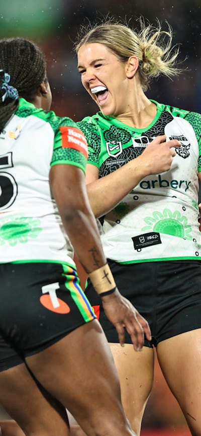 Raiders NRLW player Jordyn Preston celebrating a try.