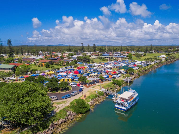 View of Yamba River Markets from above the Clarence River ferry terminal.